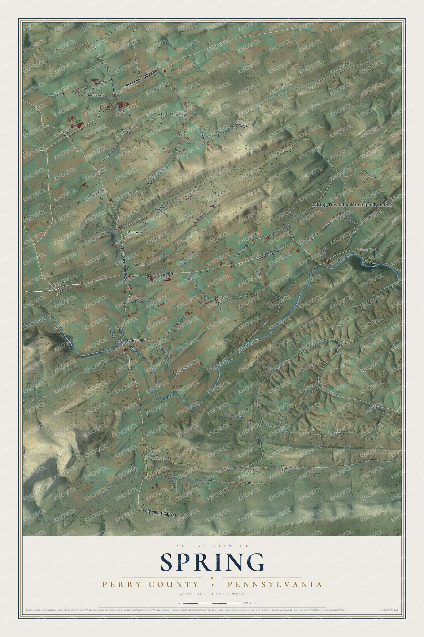 Full map of Spring, Perry County, Pennsylvania, with red buildings, printed street names and the land around them