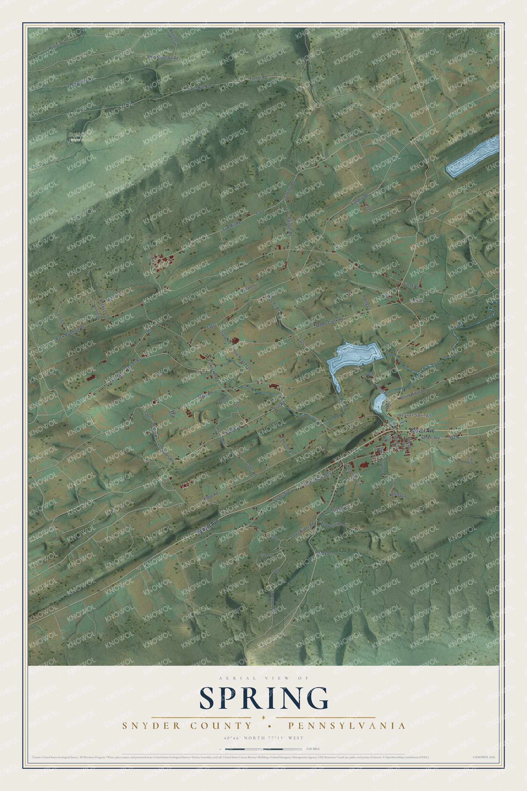 Full map of Spring, Snyder County, Pennsylvania, with red buildings, printed street names and the land around them