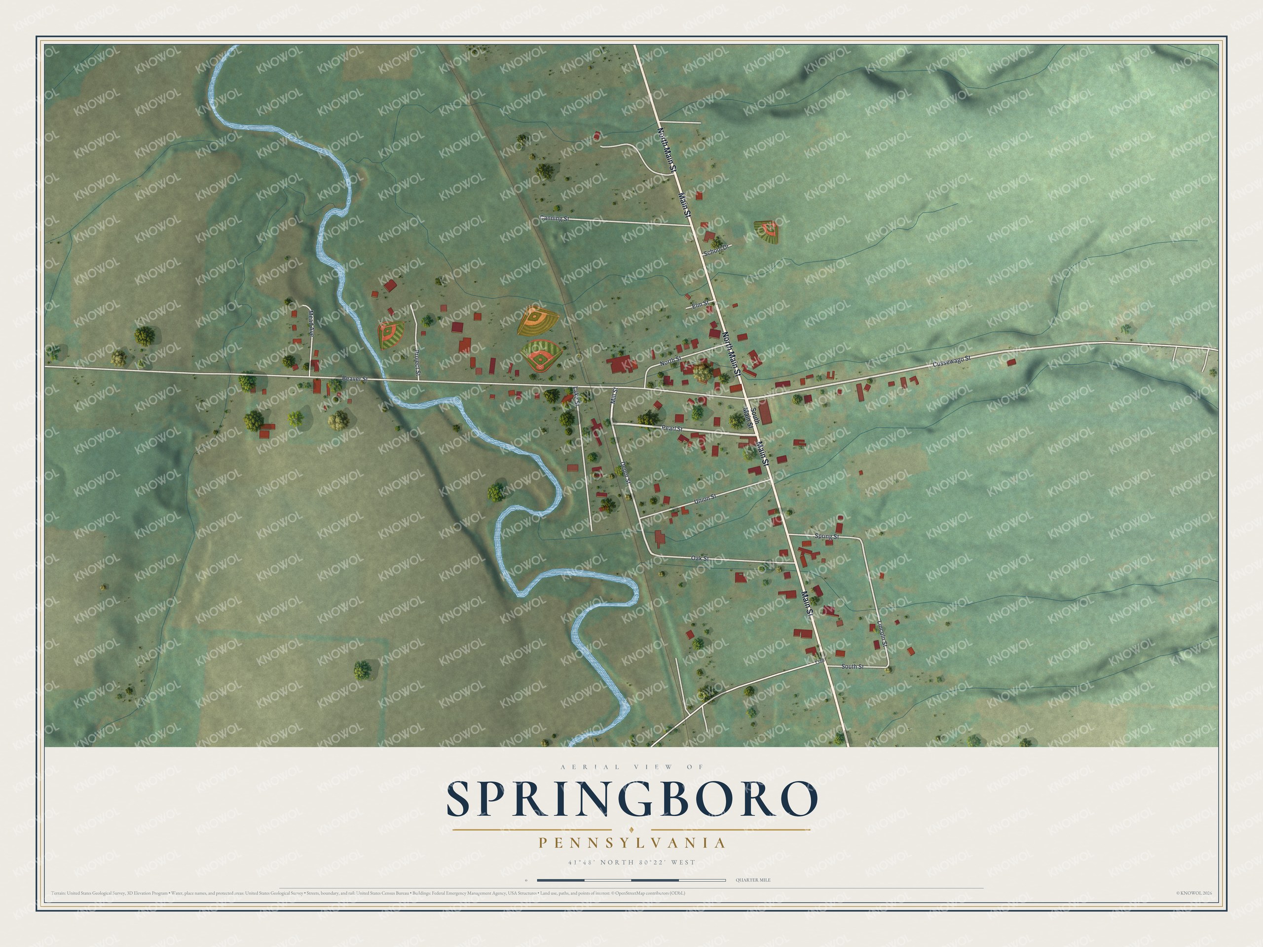 Full map of Springboro, Pennsylvania, with red buildings, printed street names and the land around them