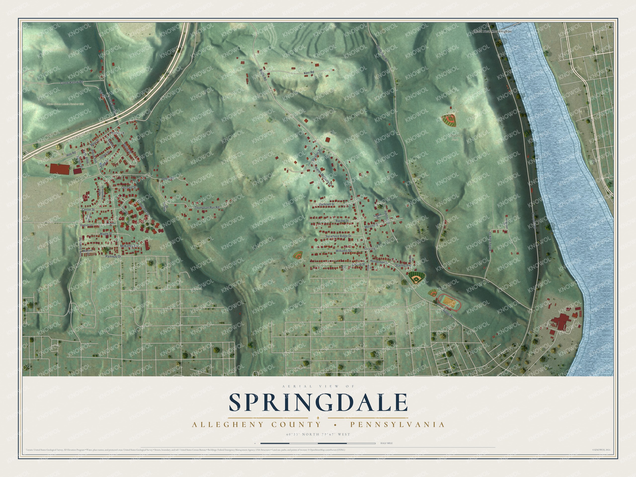 Full map of Springdale Township, Pennsylvania, with red buildings, printed street names and the land around them