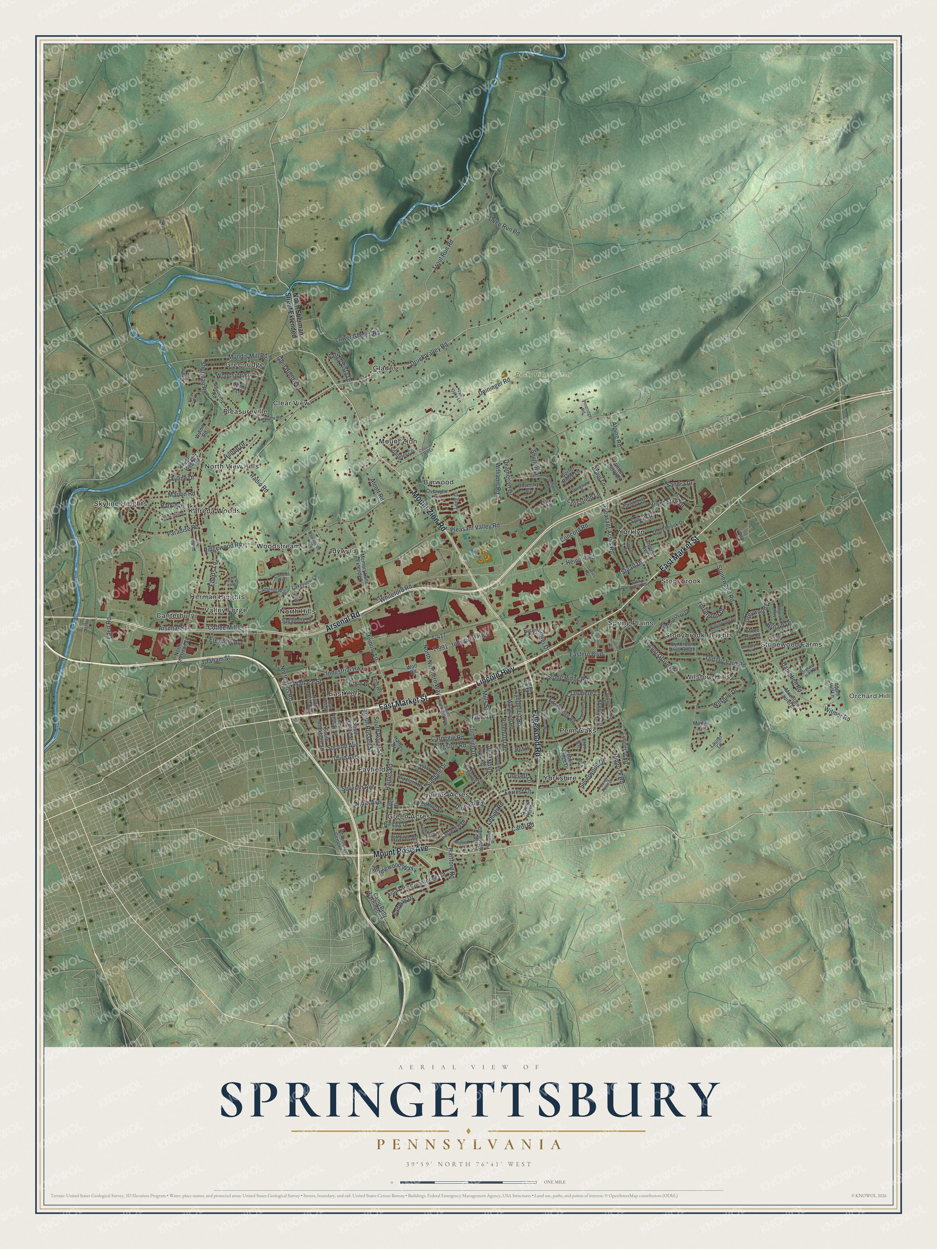 Aerial view map of Springettsbury, Pennsylvania, with green shaded hills, a winding blue creek and red buildings along East Market Street
