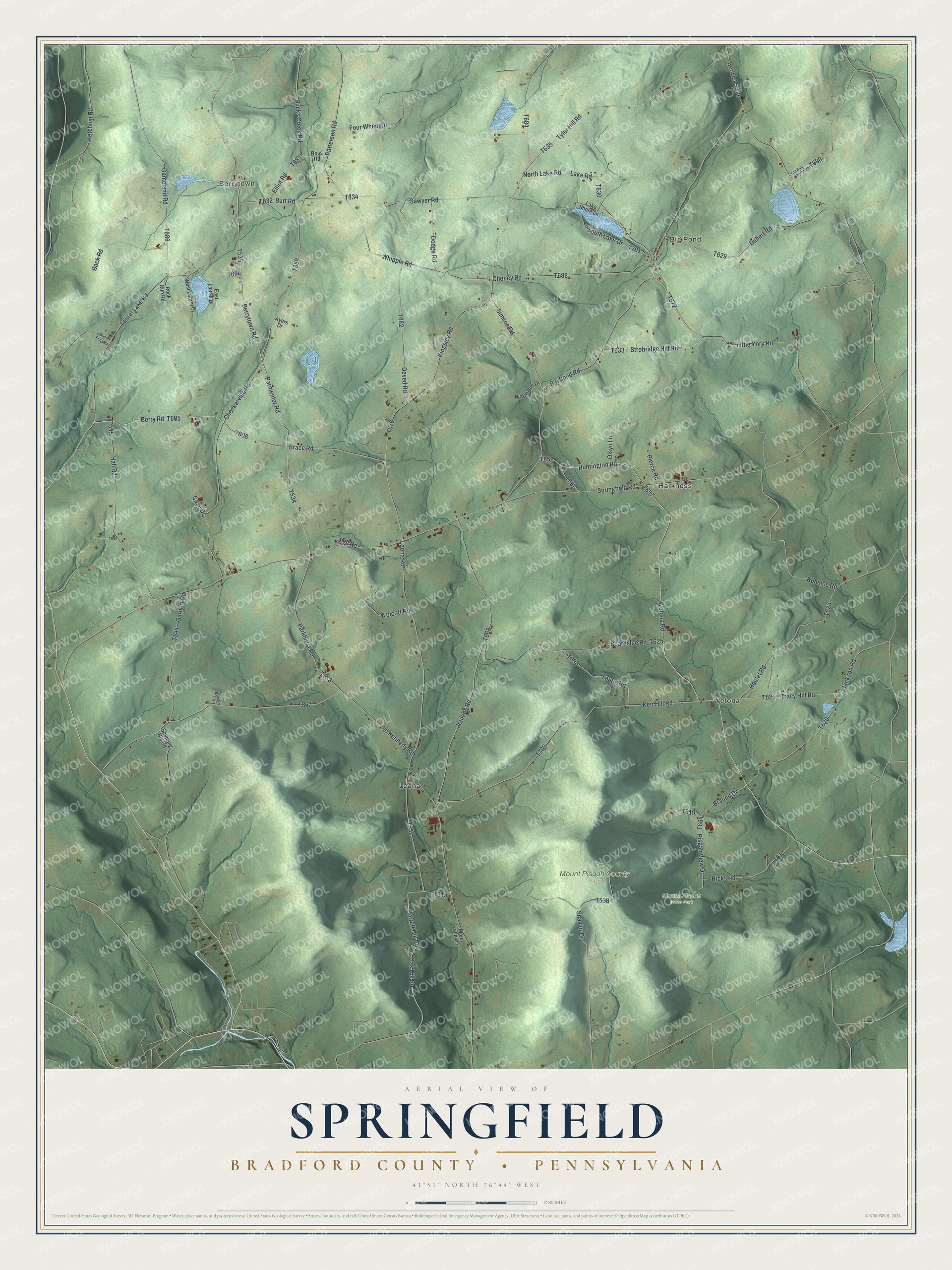 Full map of Springfield, Bradford County, Pennsylvania, with red buildings, printed street names and the land around them