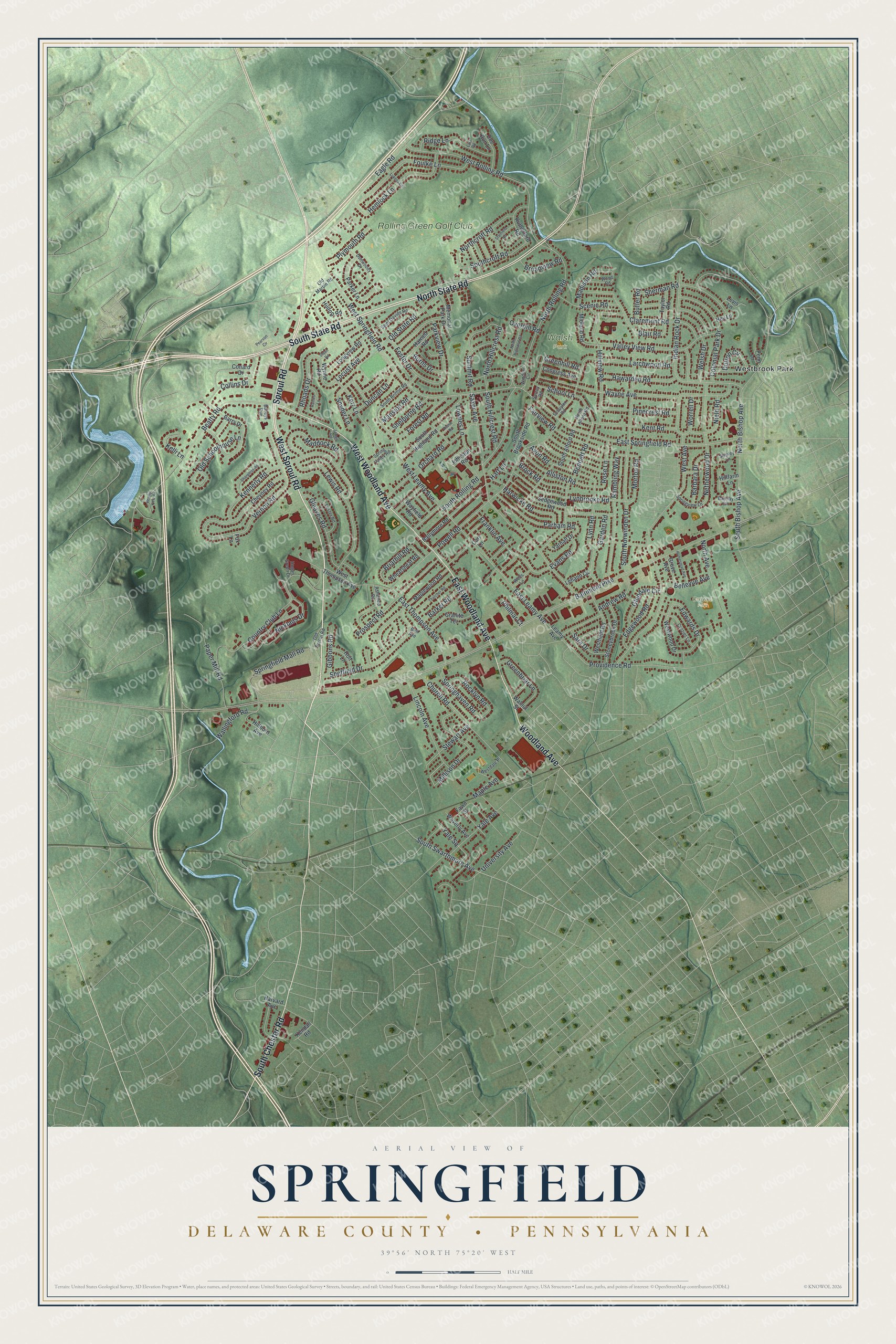 Full Springfield map with red buildings along curved streets, green terrain, blue waterways, and a cream Delaware County title panel