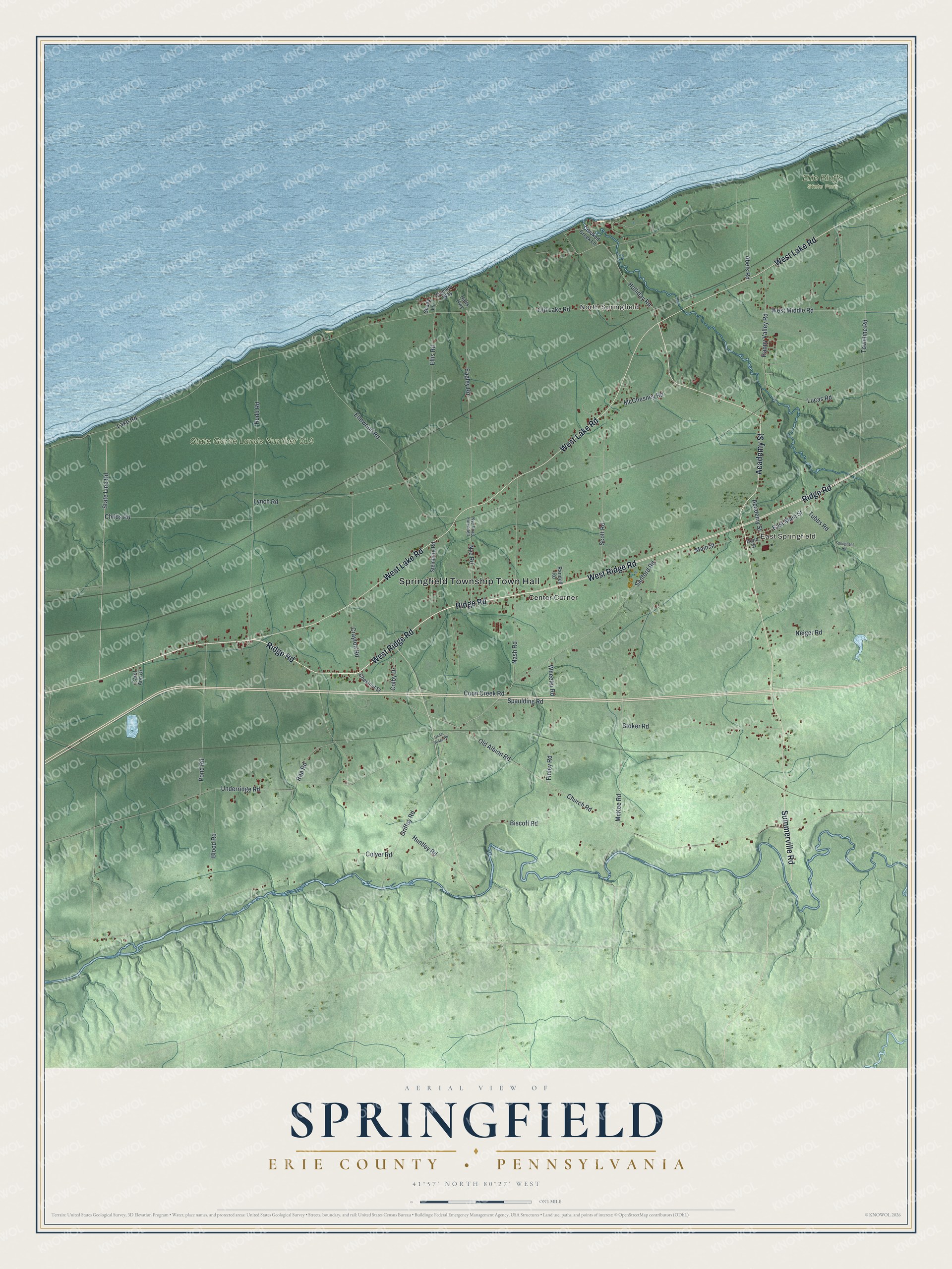 Full map of Springfield, Erie County, Pennsylvania, with red buildings, printed street names and the land around them