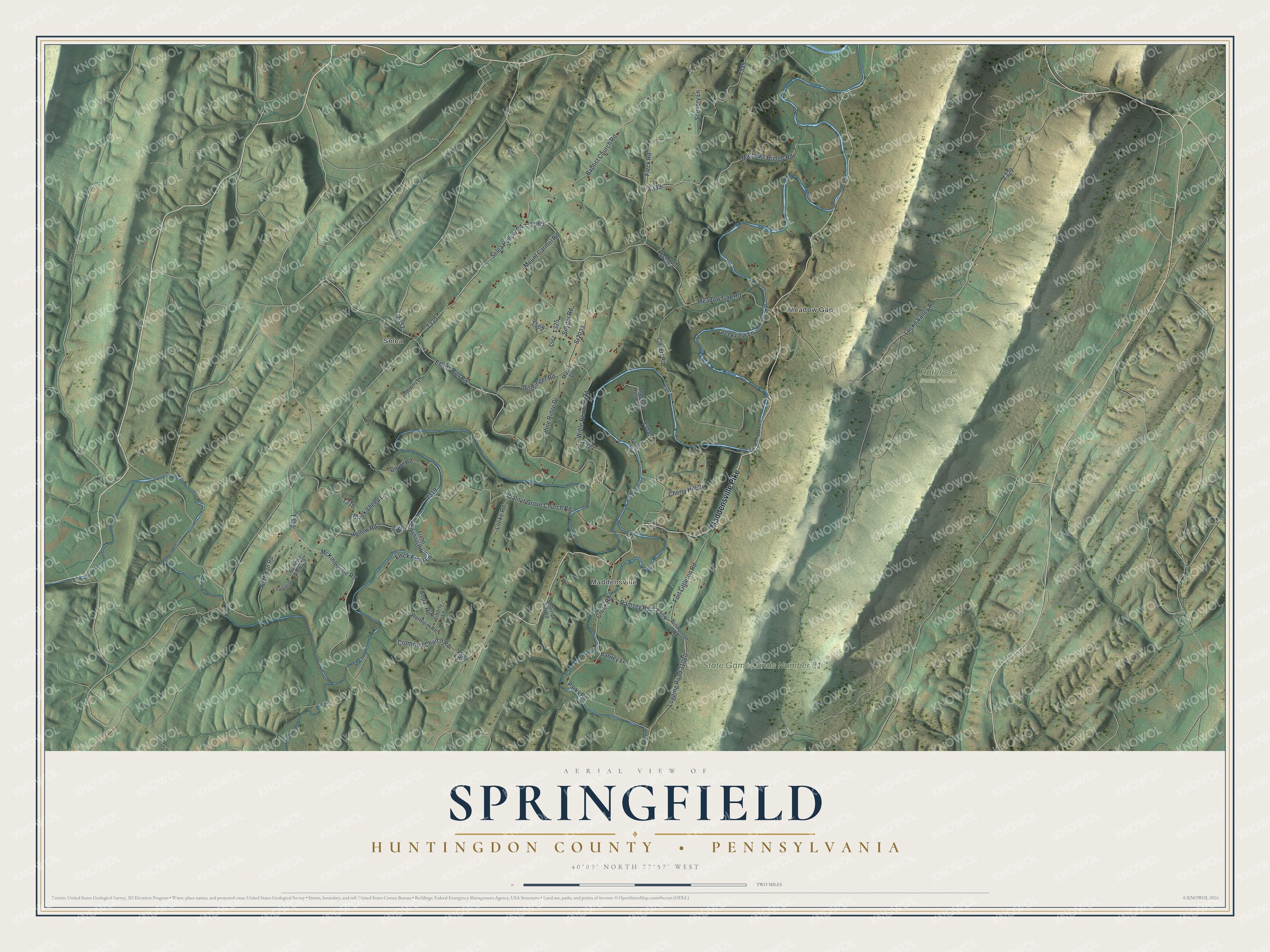 Full map of Springfield, Huntingdon County, Pennsylvania, with red buildings, printed street names and the land around them