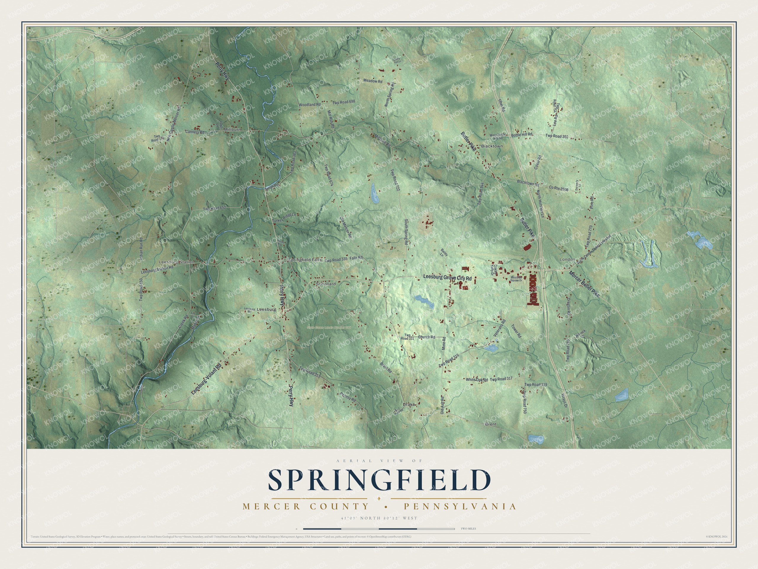 Full map of Springfield, Mercer County, Pennsylvania, with red buildings, printed street names and the land around them