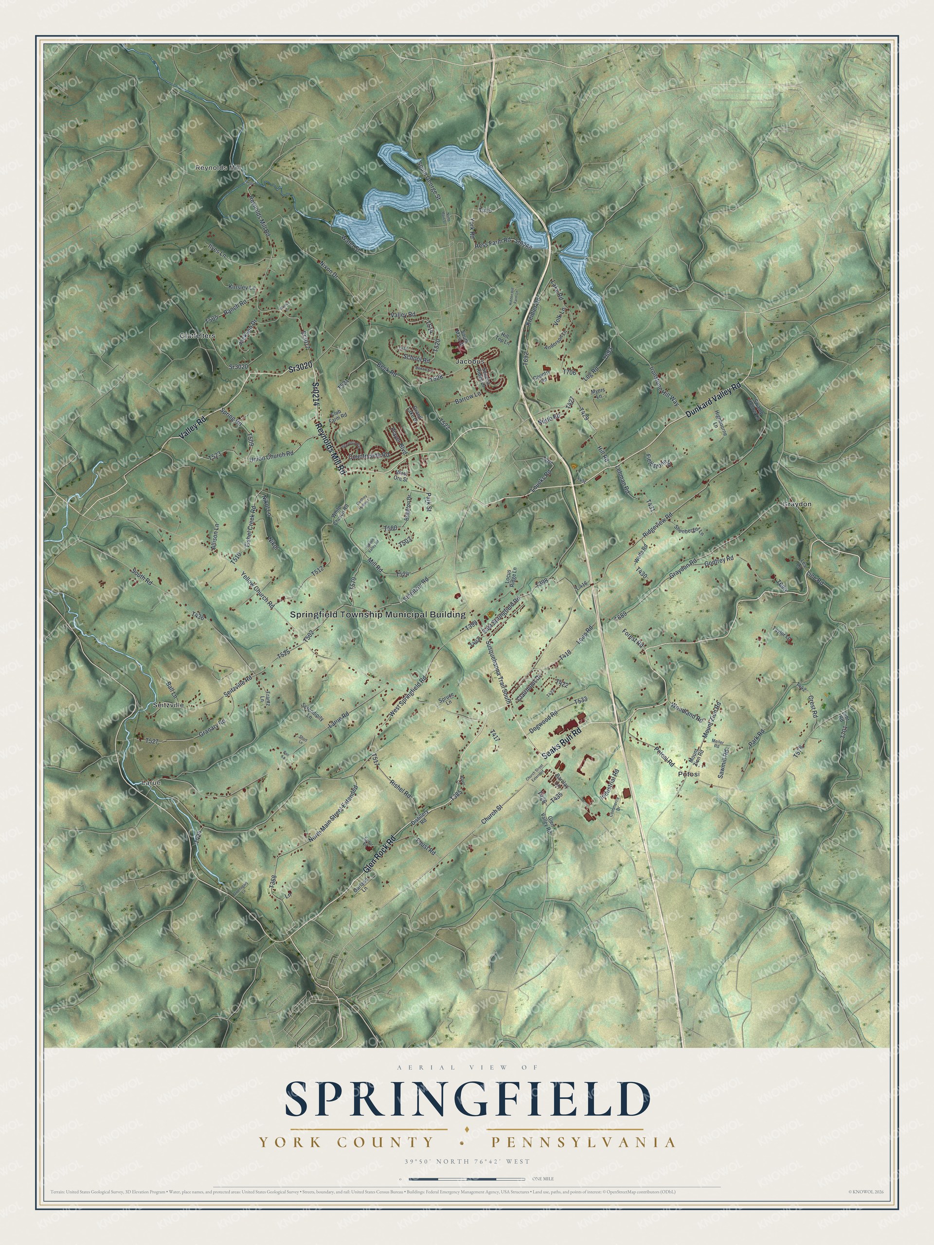 Full map of Springfield, York County, Pennsylvania, with red buildings, printed street names and the land around them
