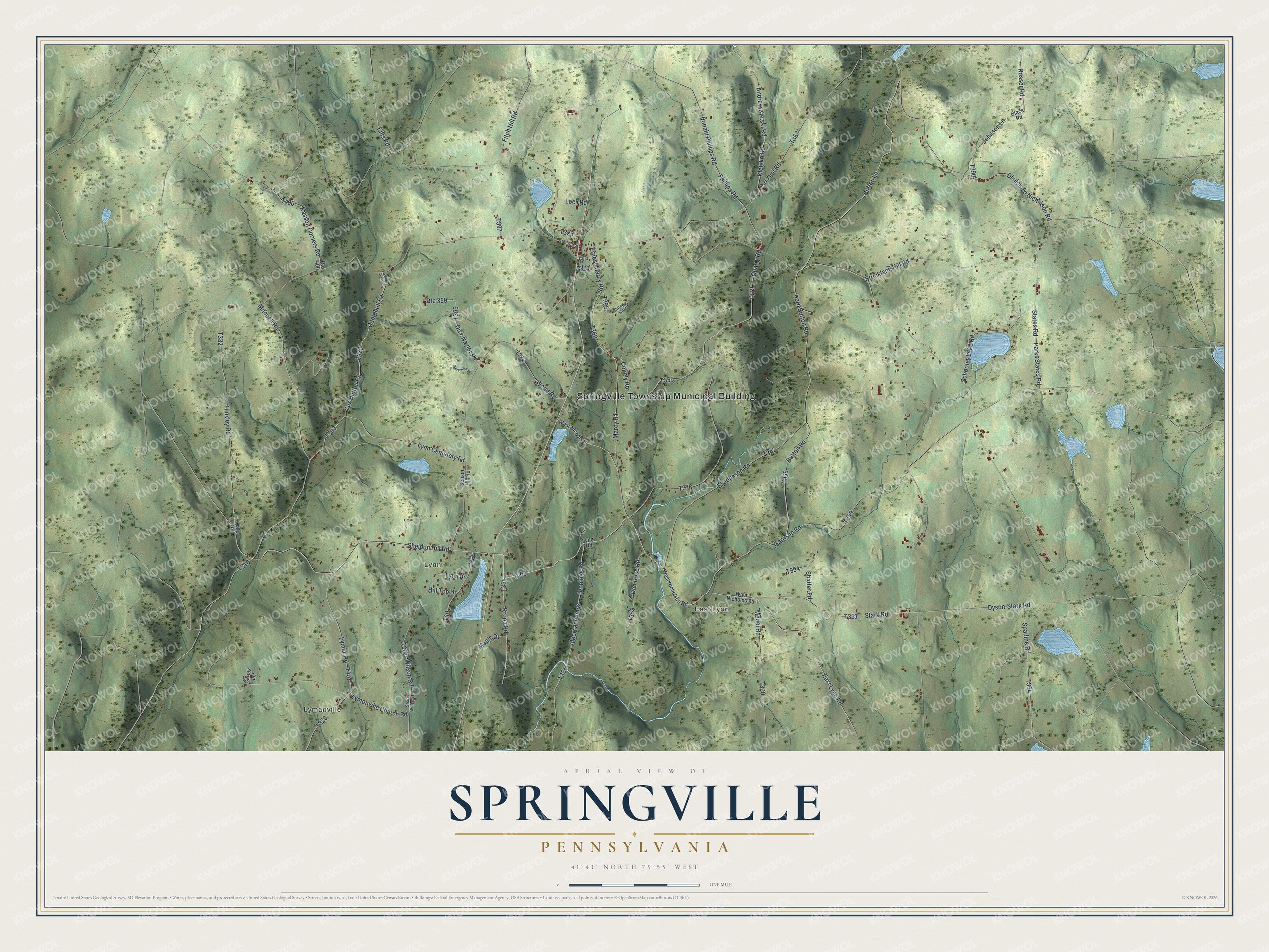Full map of Springville, Pennsylvania, with red buildings, printed street names and the land around them
