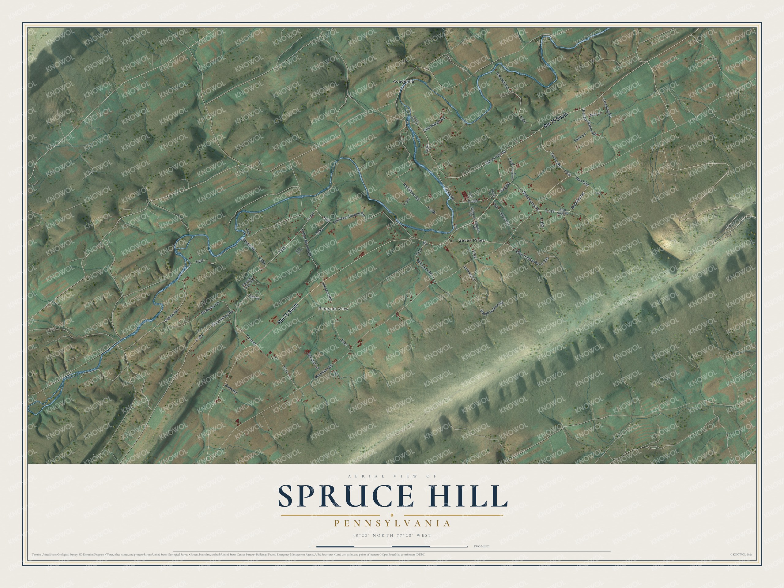 Full map of Spruce Hill, Pennsylvania, with red buildings, printed street names and the land around them