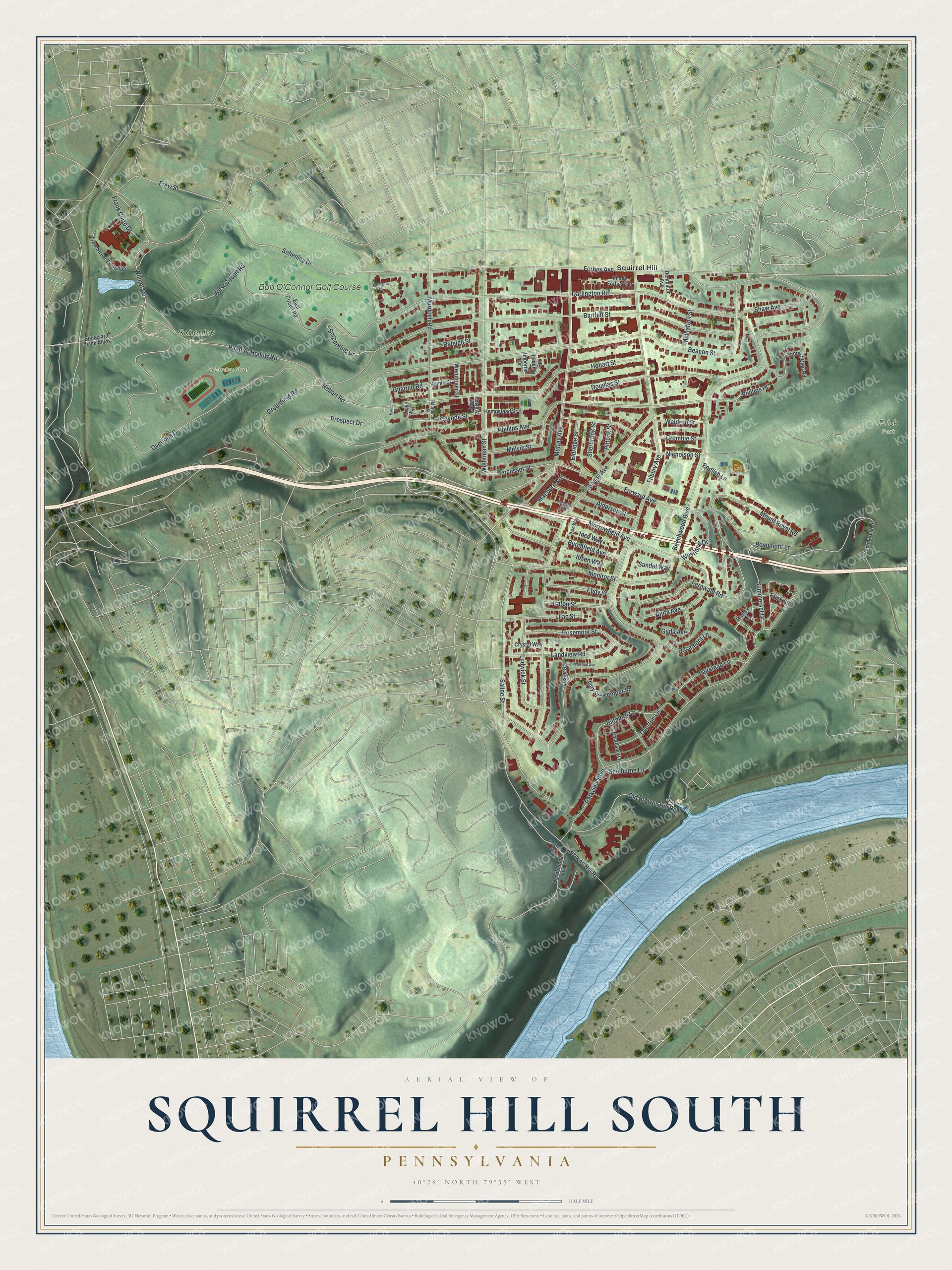 Aerial-style map of Squirrel Hill South in Pittsburgh with red buildings, green hills, Frick Park, Schenley Park and a river