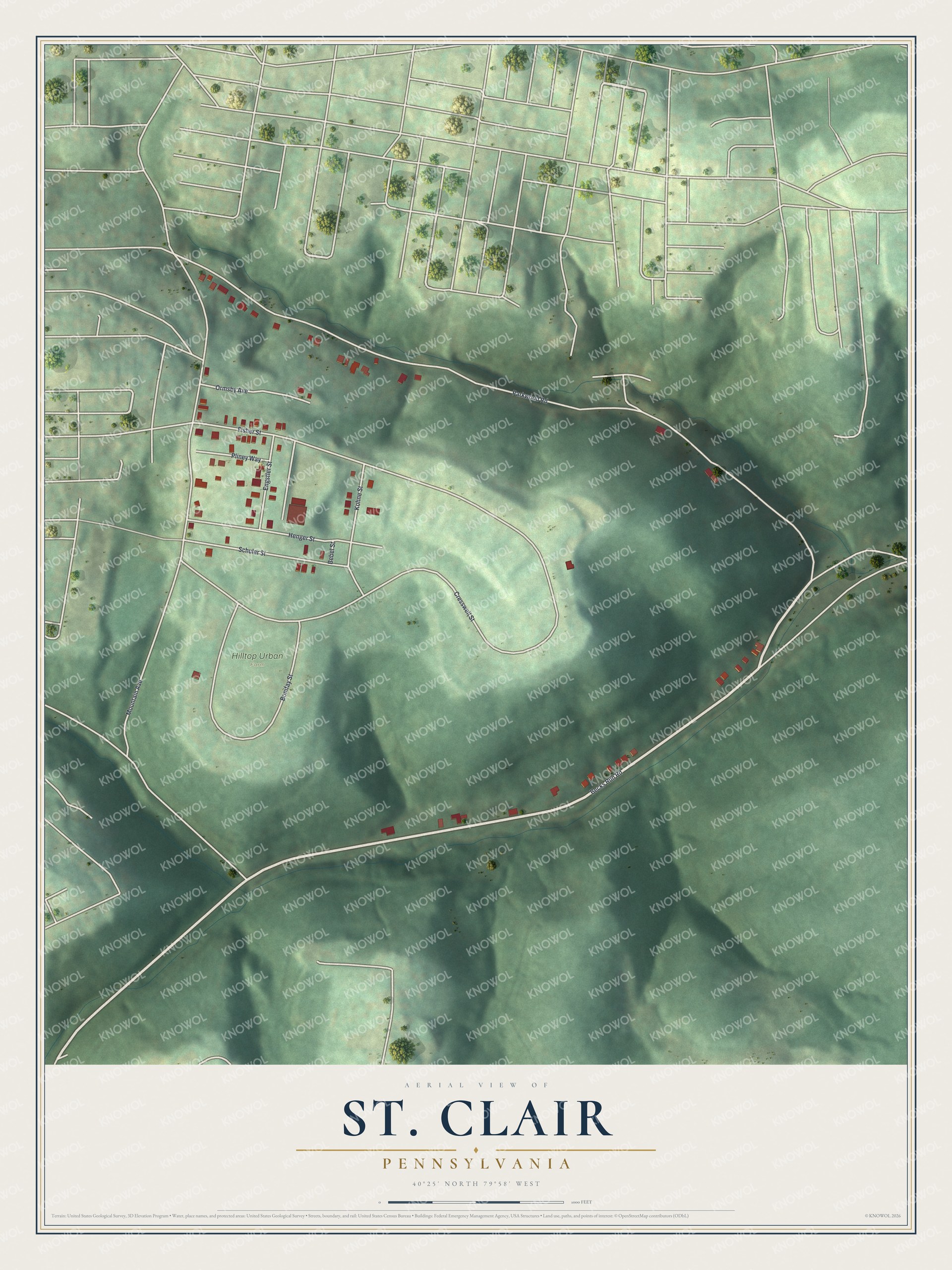 Aerial-style map of St. Clair in Pittsburgh with green shaded hills, red buildings on a hilltop grid and a long road winding through the valley