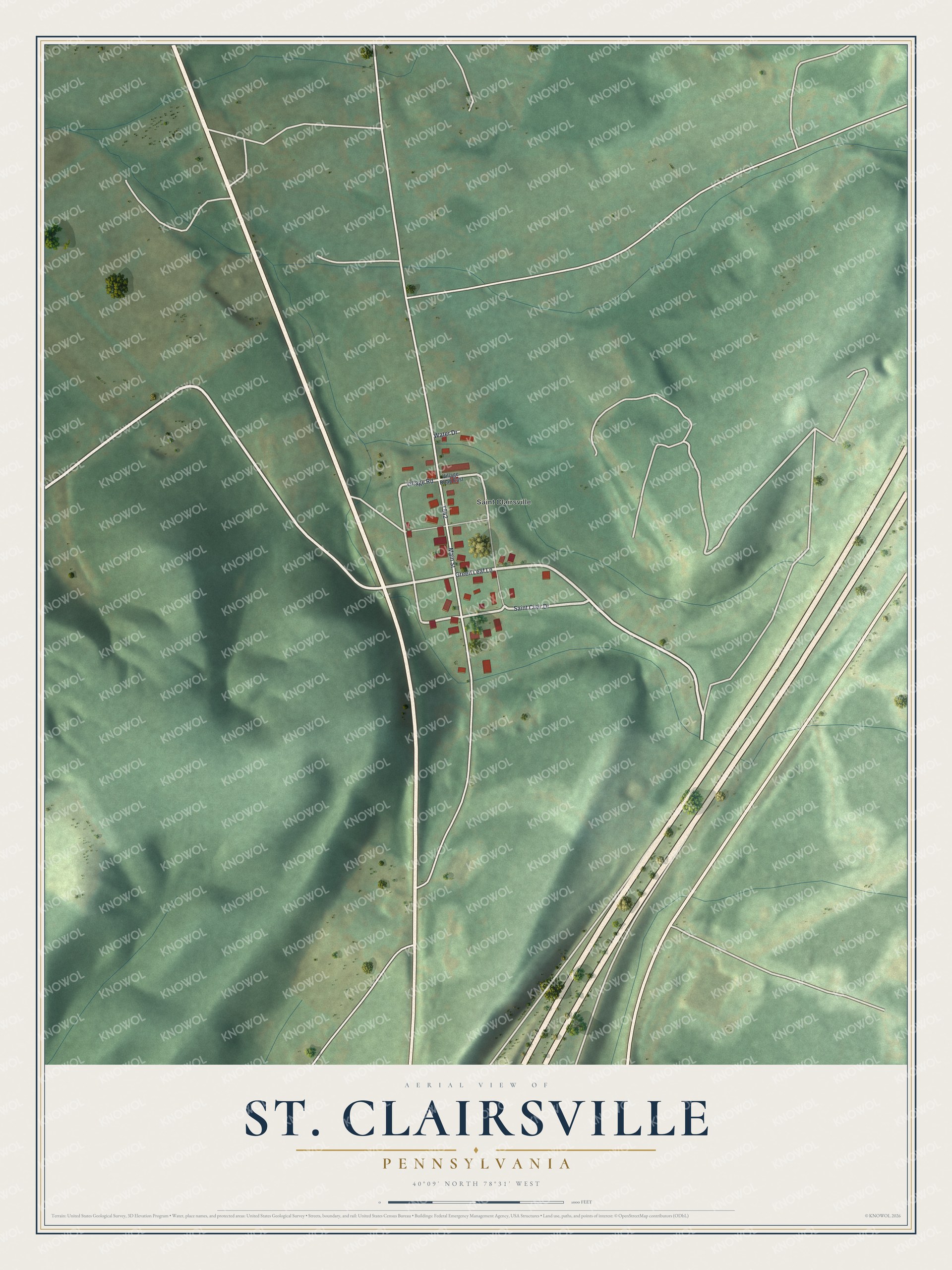 Full map of St. Clairsville, Pennsylvania, with red buildings, printed street names and the land around them