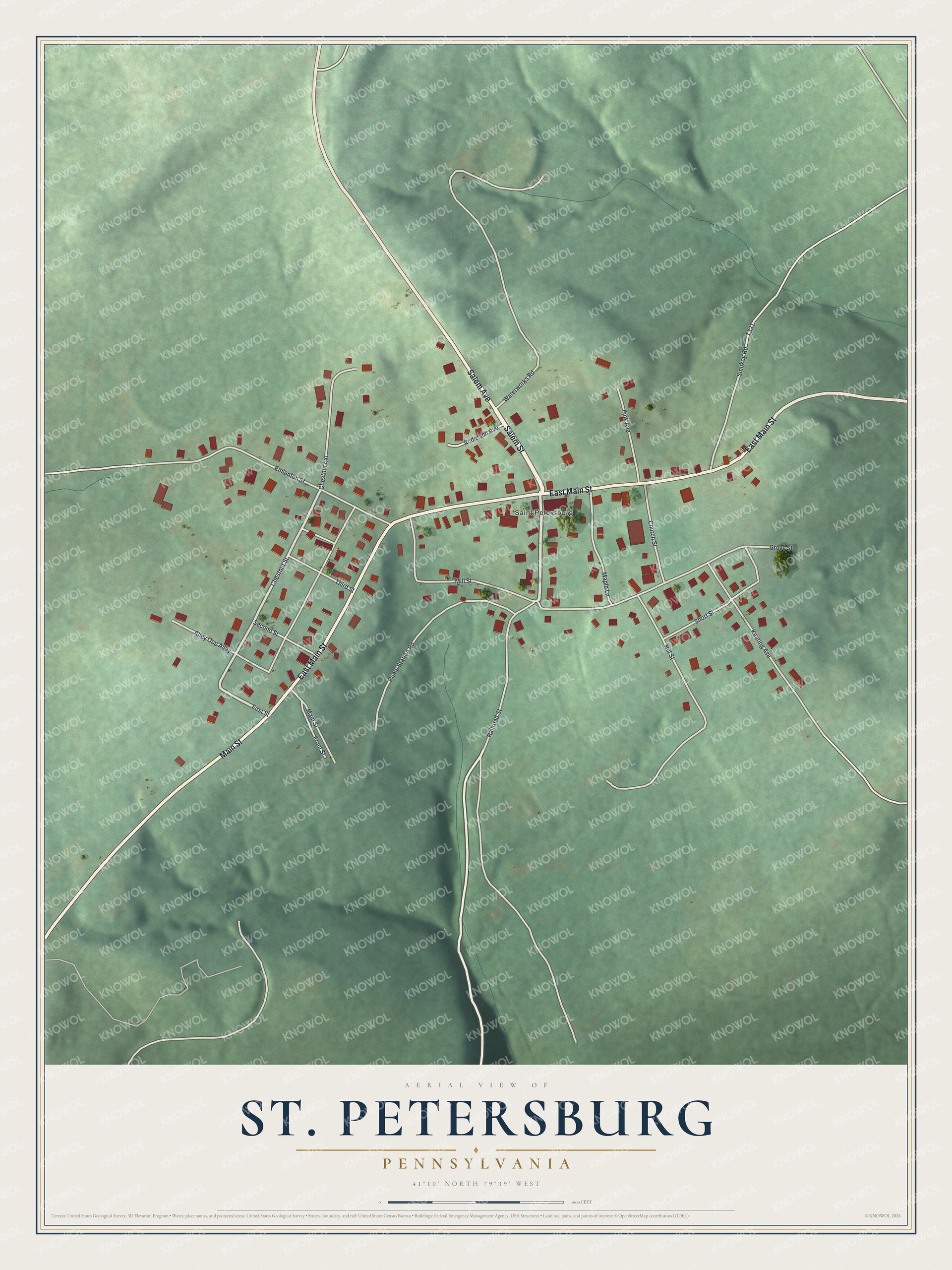 Full map of St. Petersburg, Pennsylvania, with red buildings, printed street names and the land around them