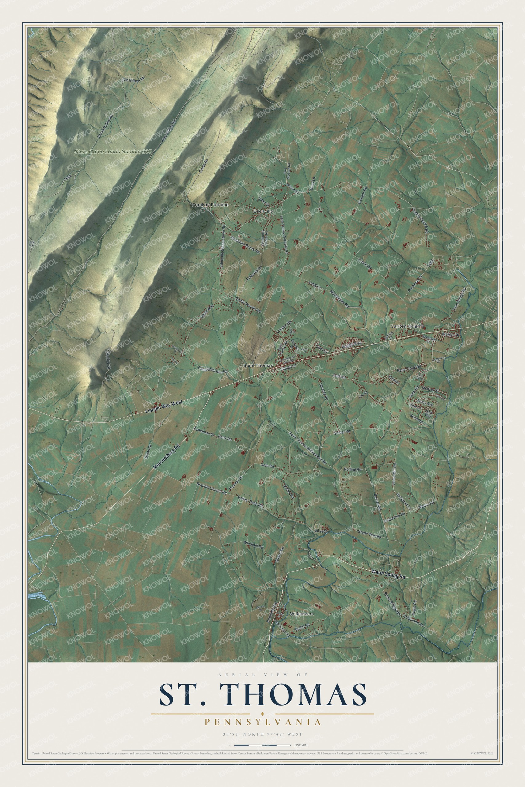 Full map of St. Thomas, Pennsylvania, with red buildings, printed street names and the land around them