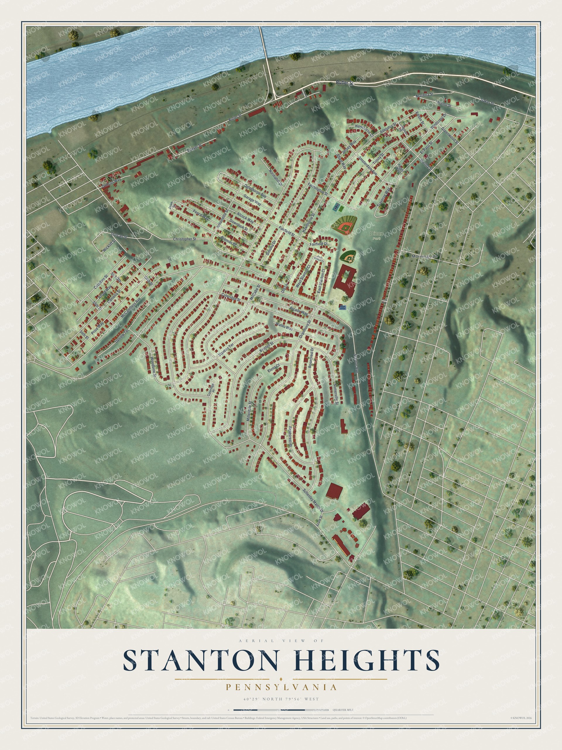 Aerial map of Stanton Heights, Pennsylvania, with curving rows of red homes on a green hilltop above a wide blue river