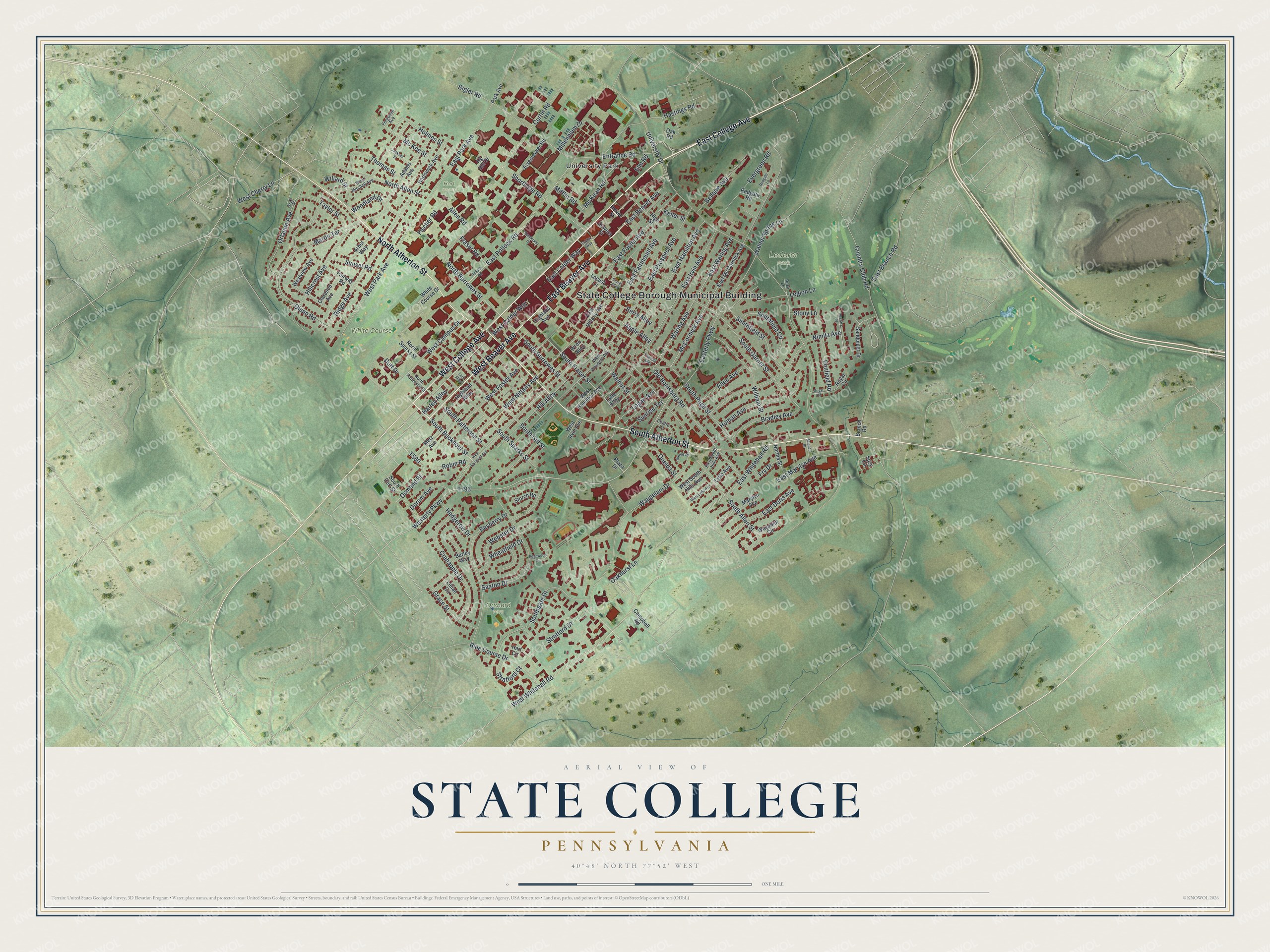 Full map of State College, Pennsylvania, with red buildings, printed street names and the land around them
