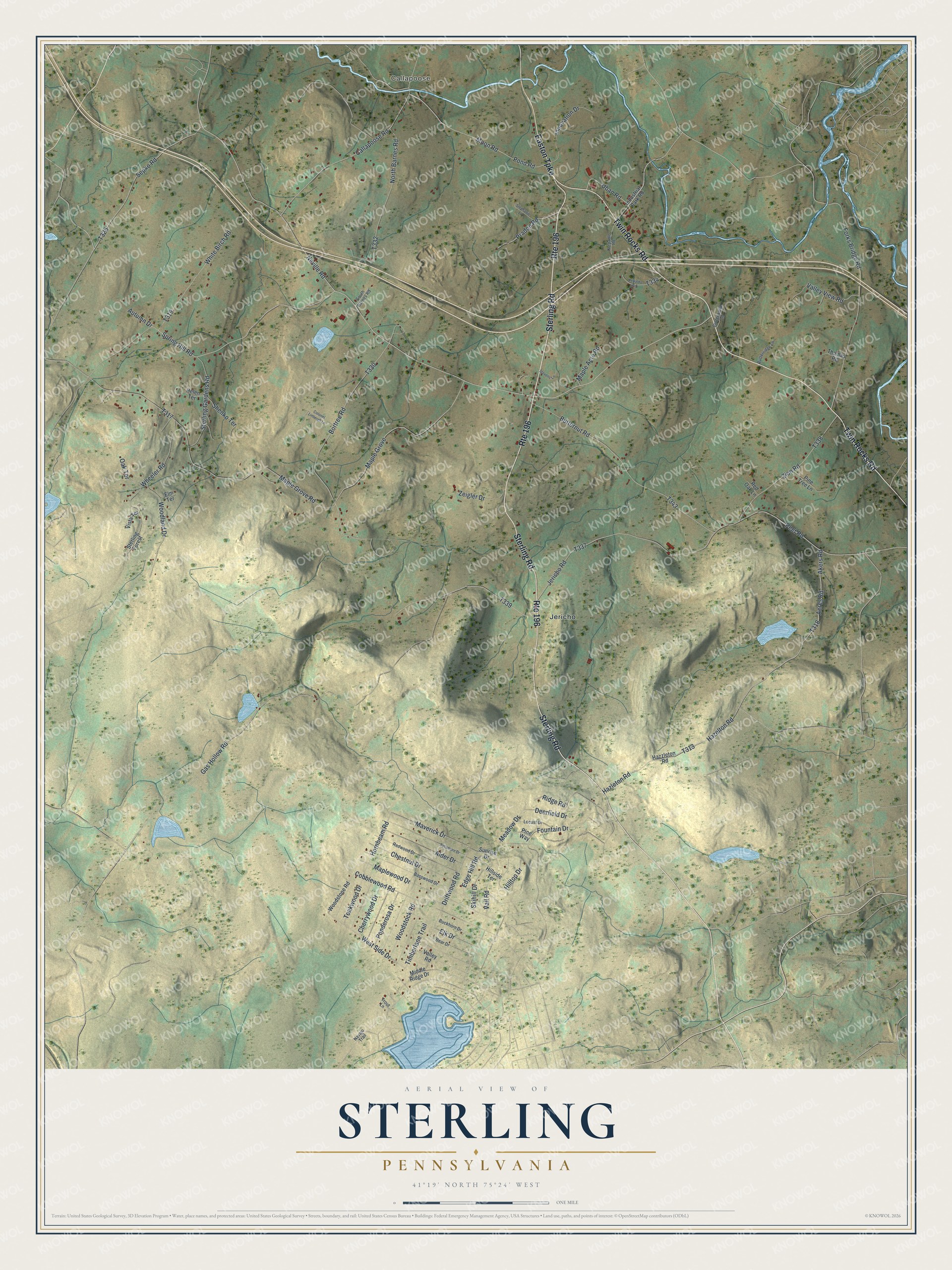 Full map of Sterling, Pennsylvania, with red buildings, printed street names and the land around them