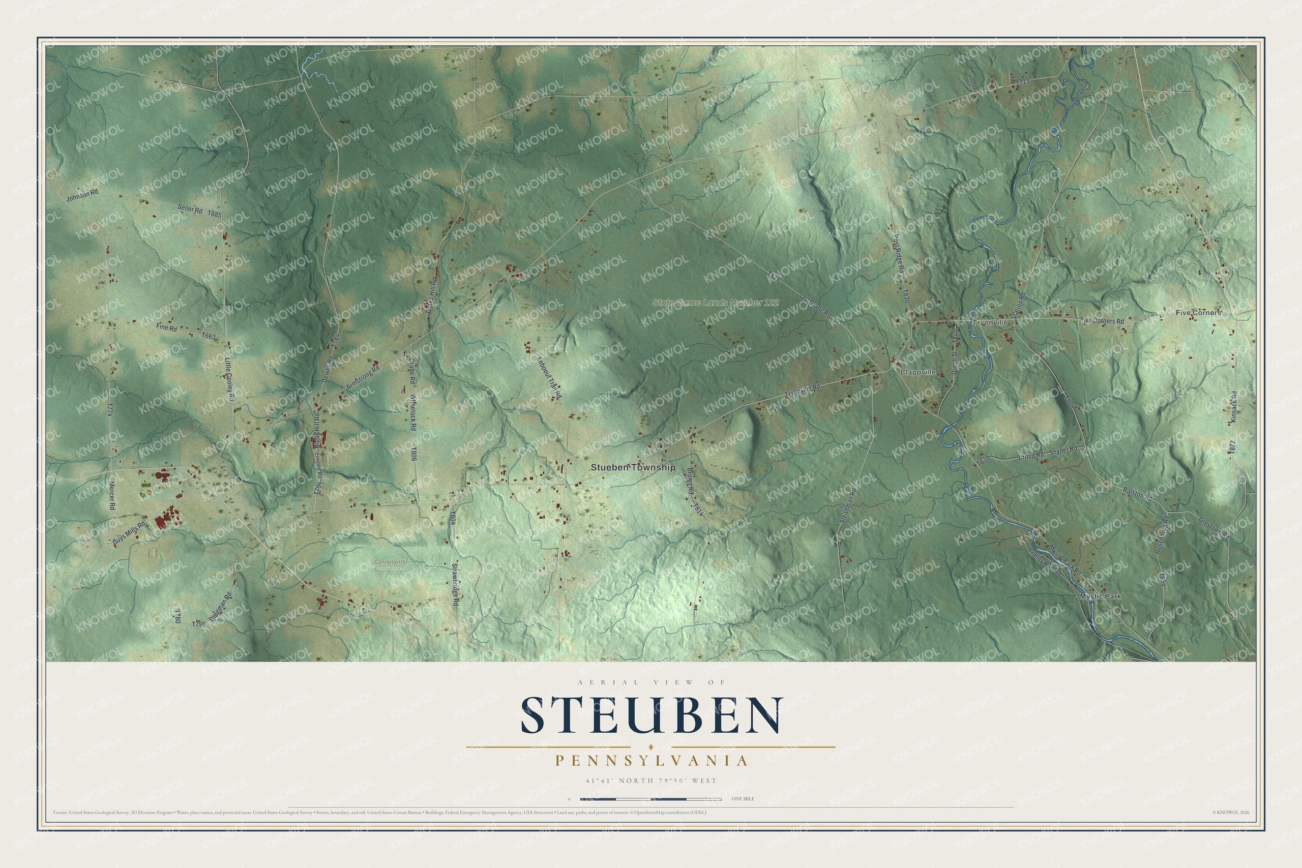 Full map of Steuben, Pennsylvania, with red buildings, printed street names and the land around them