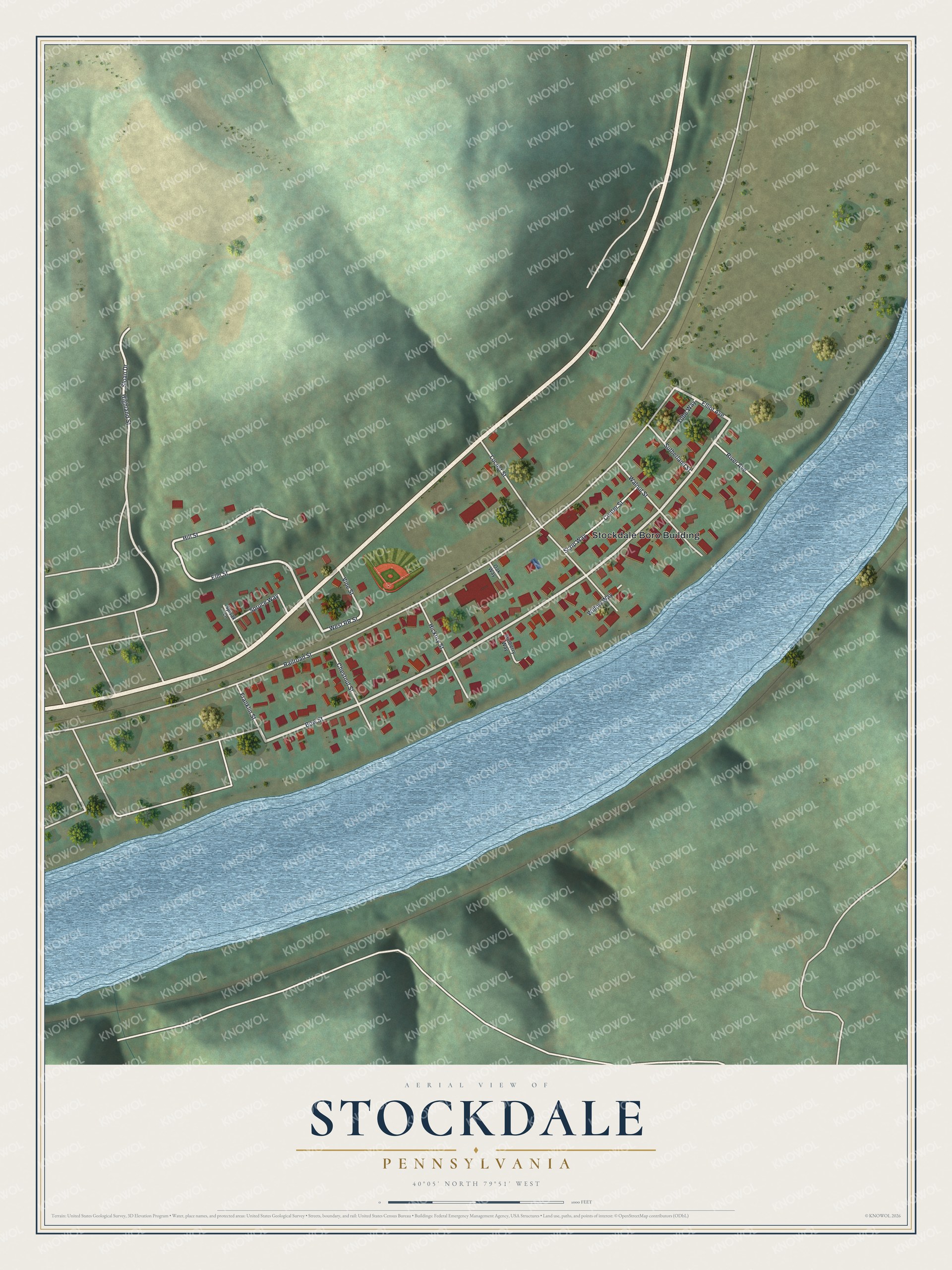 Full map of Stockdale, Pennsylvania, with red buildings, printed street names and the land around them
