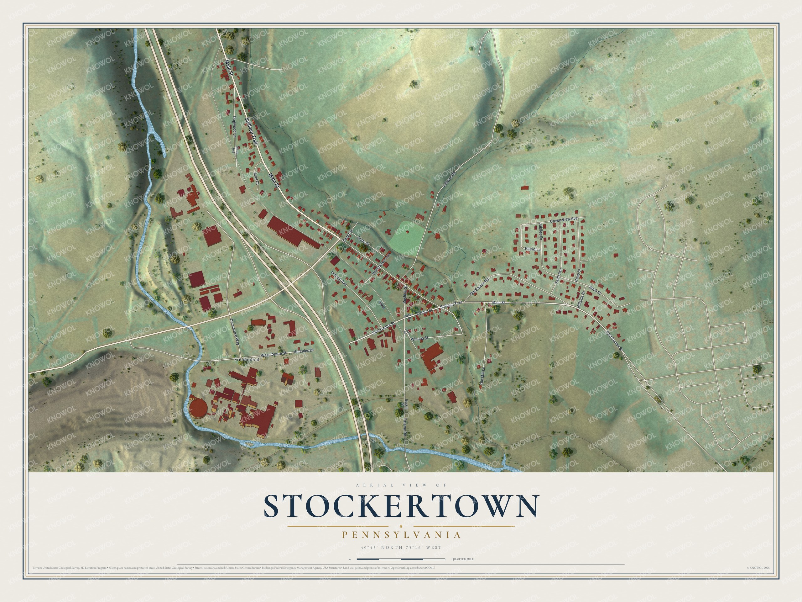 Full map of Stockertown, Pennsylvania, with red buildings, printed street names and the land around them