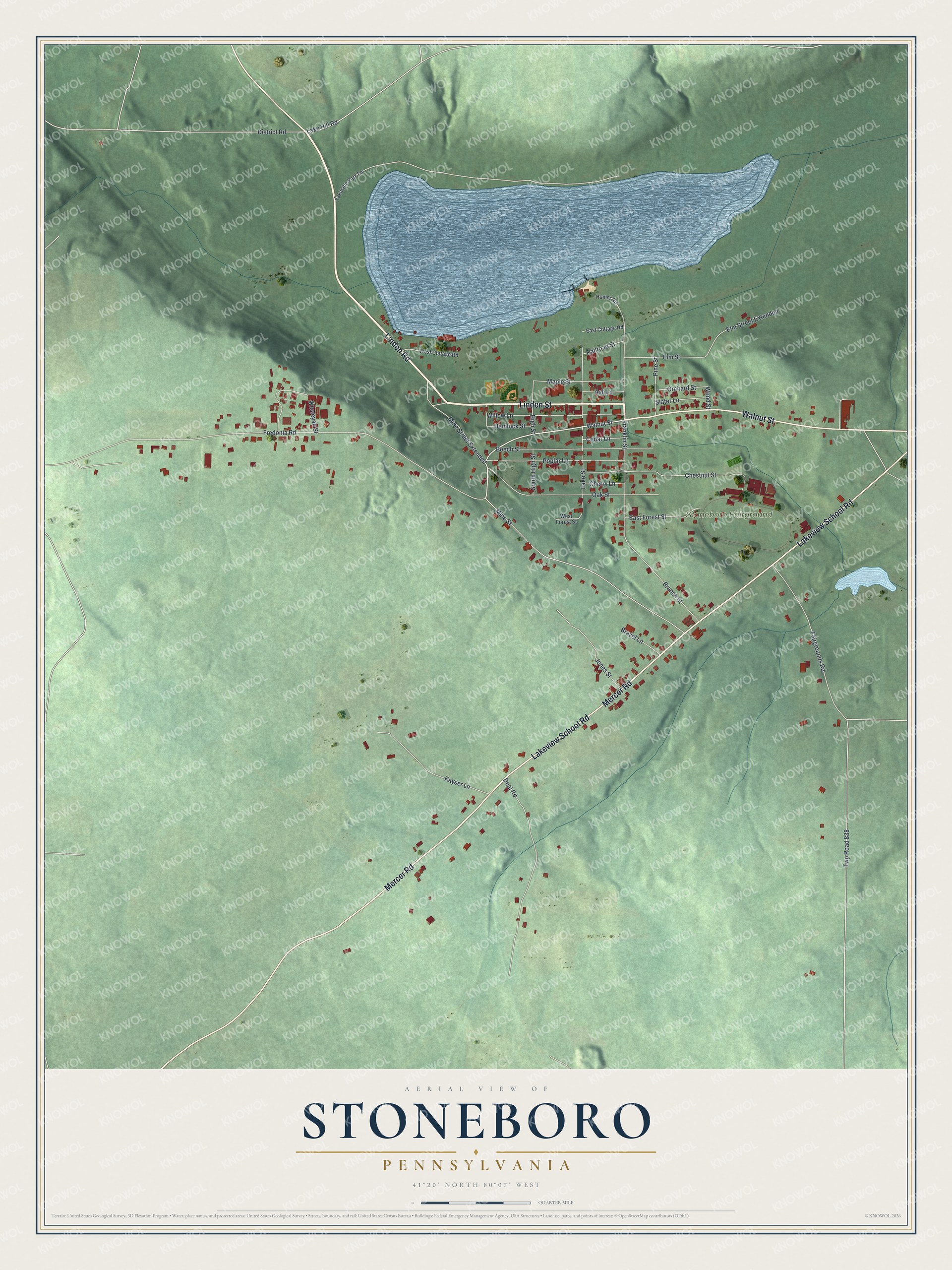 Full map of Stoneboro, Pennsylvania, with red buildings, printed street names and the land around them