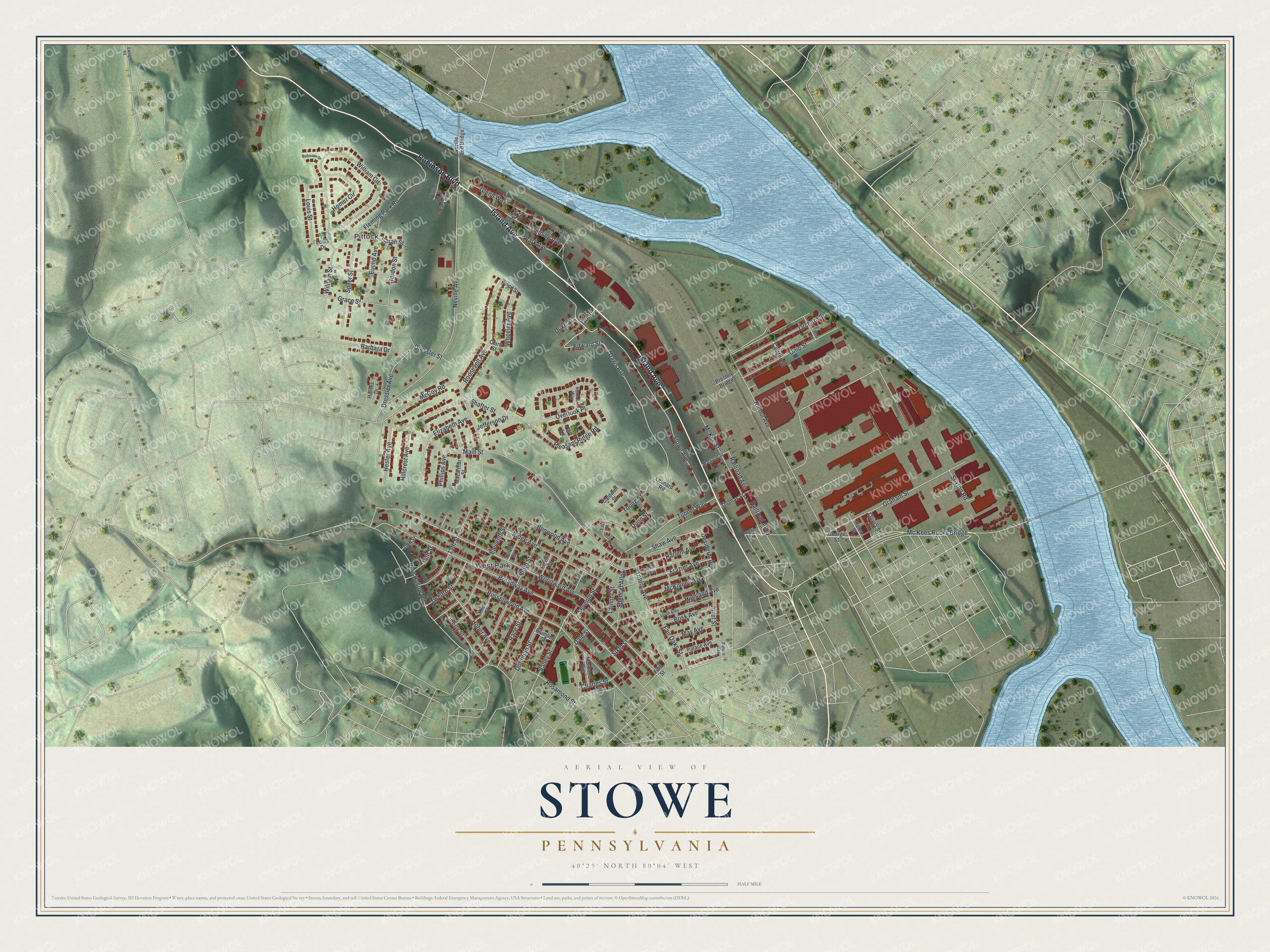 Aerial style map of Stowe, Pennsylvania with green hills, a blue river and red buildings along Island Avenue
