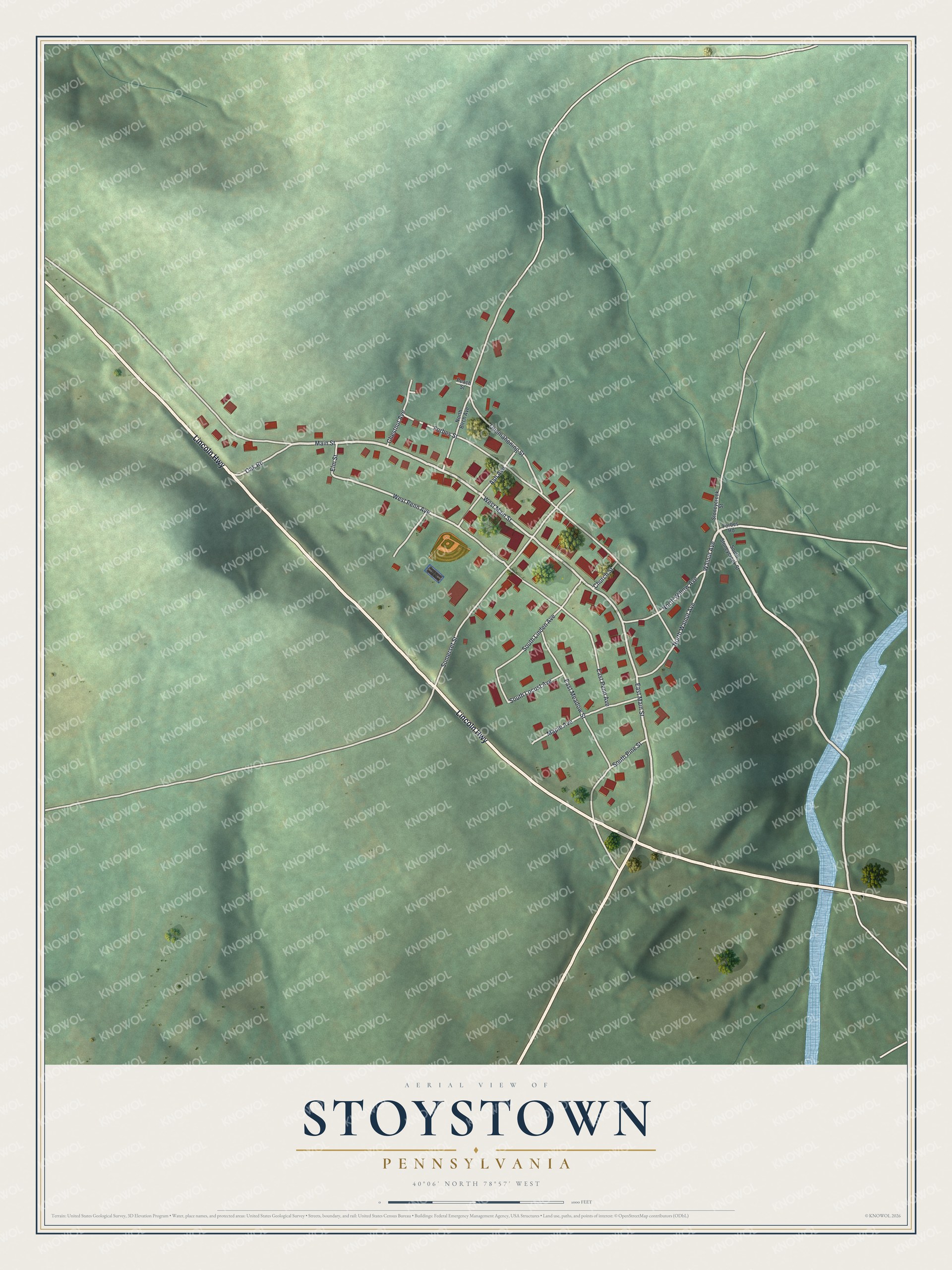 Full map of Stoystown, Pennsylvania, with red buildings, printed street names and the land around them