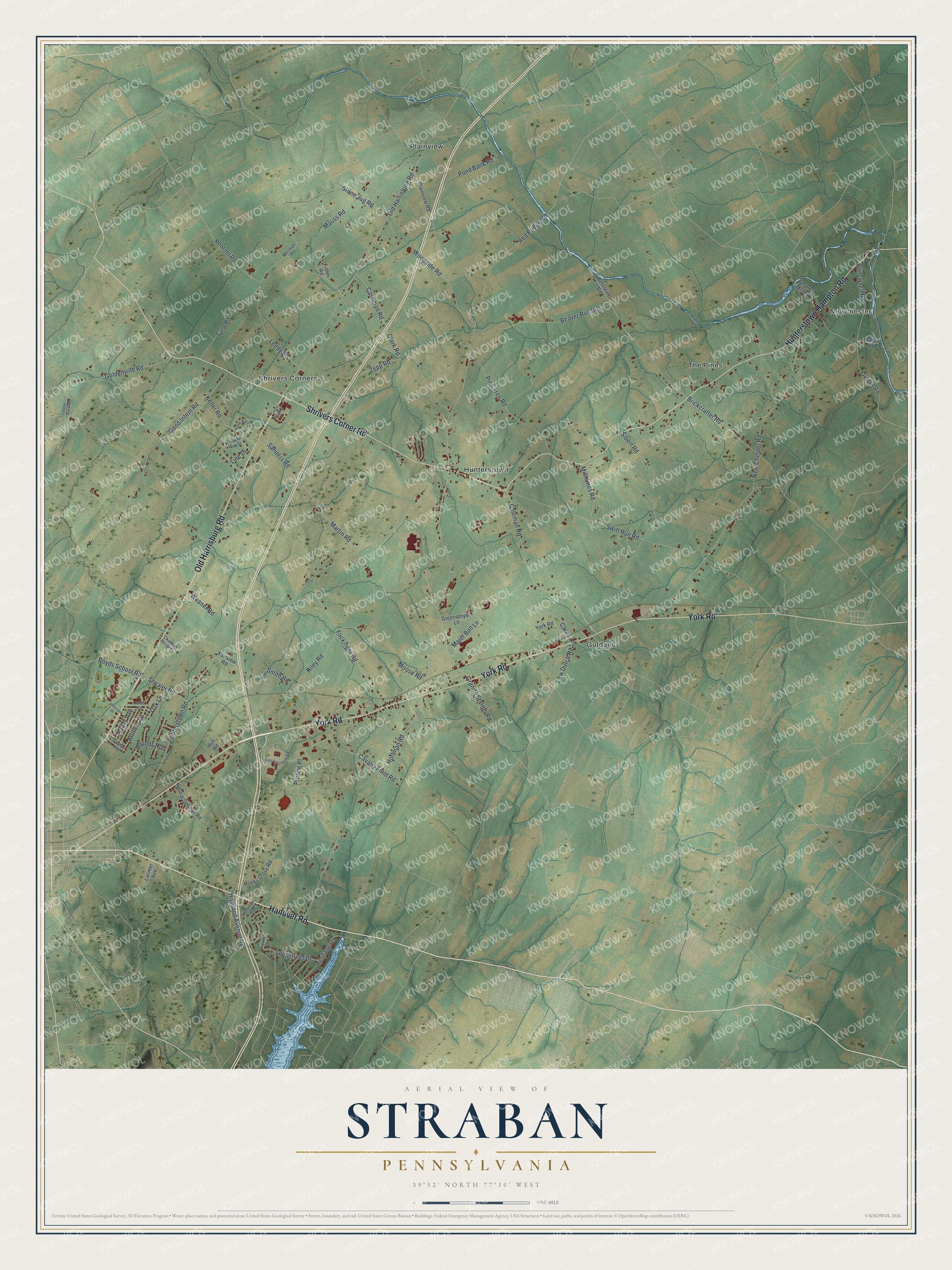 Aerial map of Straban Township in Pennsylvania with green farm fields, wooded hills, York Road and small red buildings