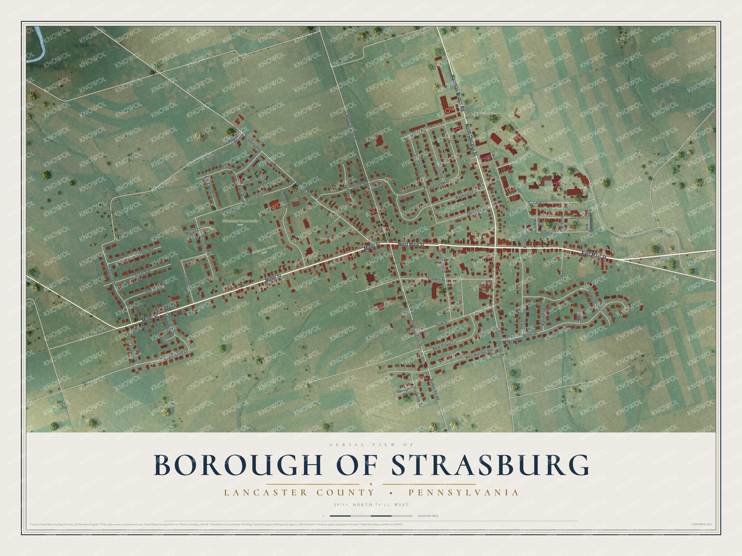 Full map of Strasburg Borough, Pennsylvania, with red buildings, printed street names and the land around them