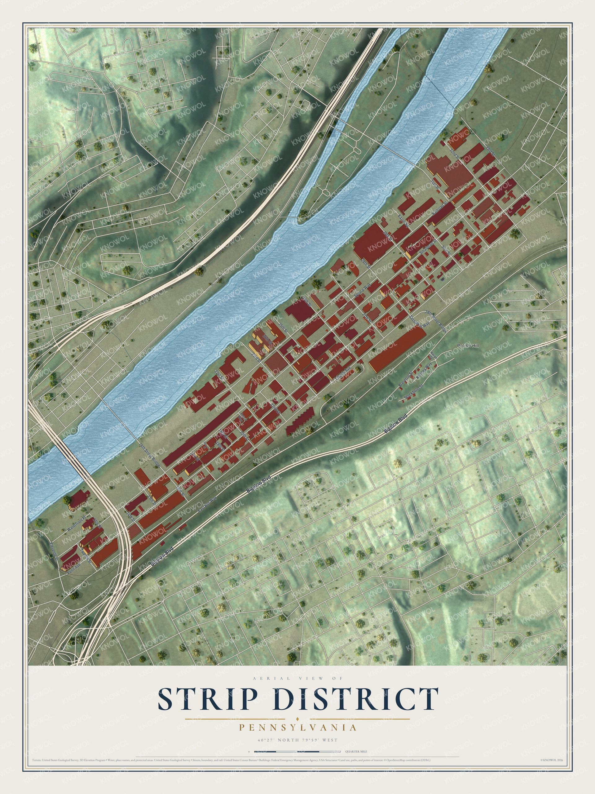 Aerial map of the Strip District in Pittsburgh with red buildings between a wide blue river and green hills, Bigelow Boulevard on the slope