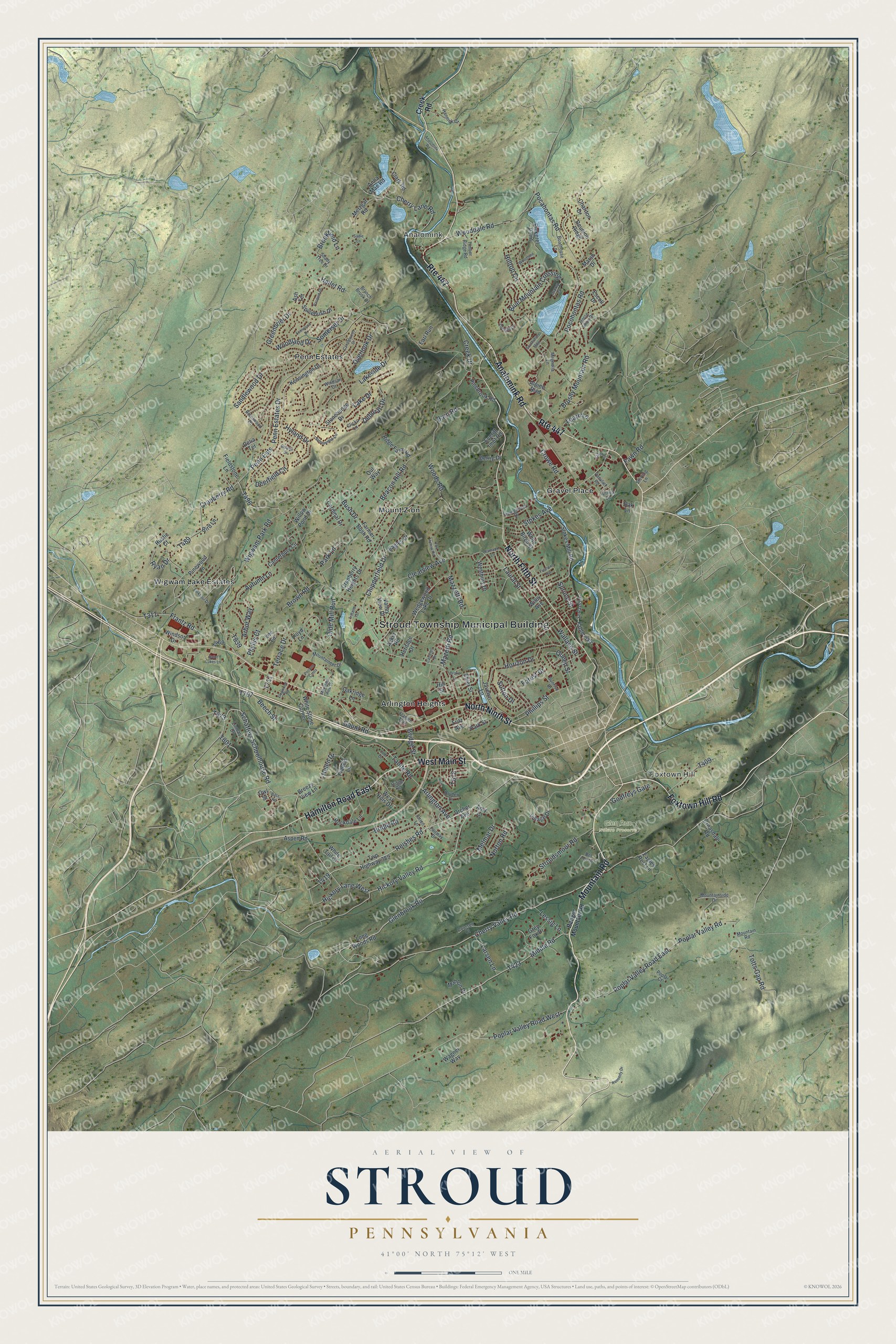 Full map of Stroud, Pennsylvania, with red buildings, printed street names and the land around them