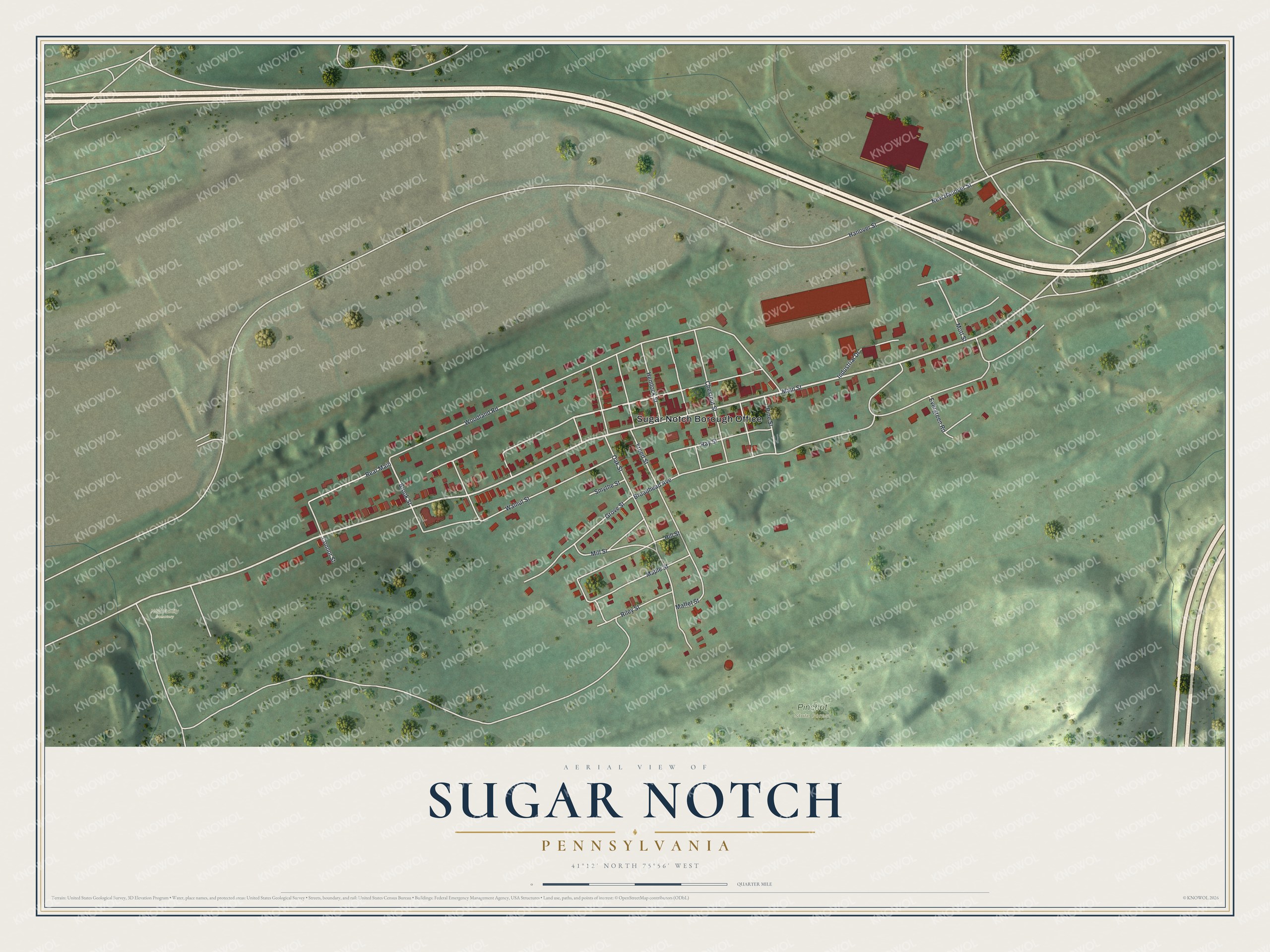 Full map of Sugar Notch, Pennsylvania, with red buildings, printed street names and the land around them