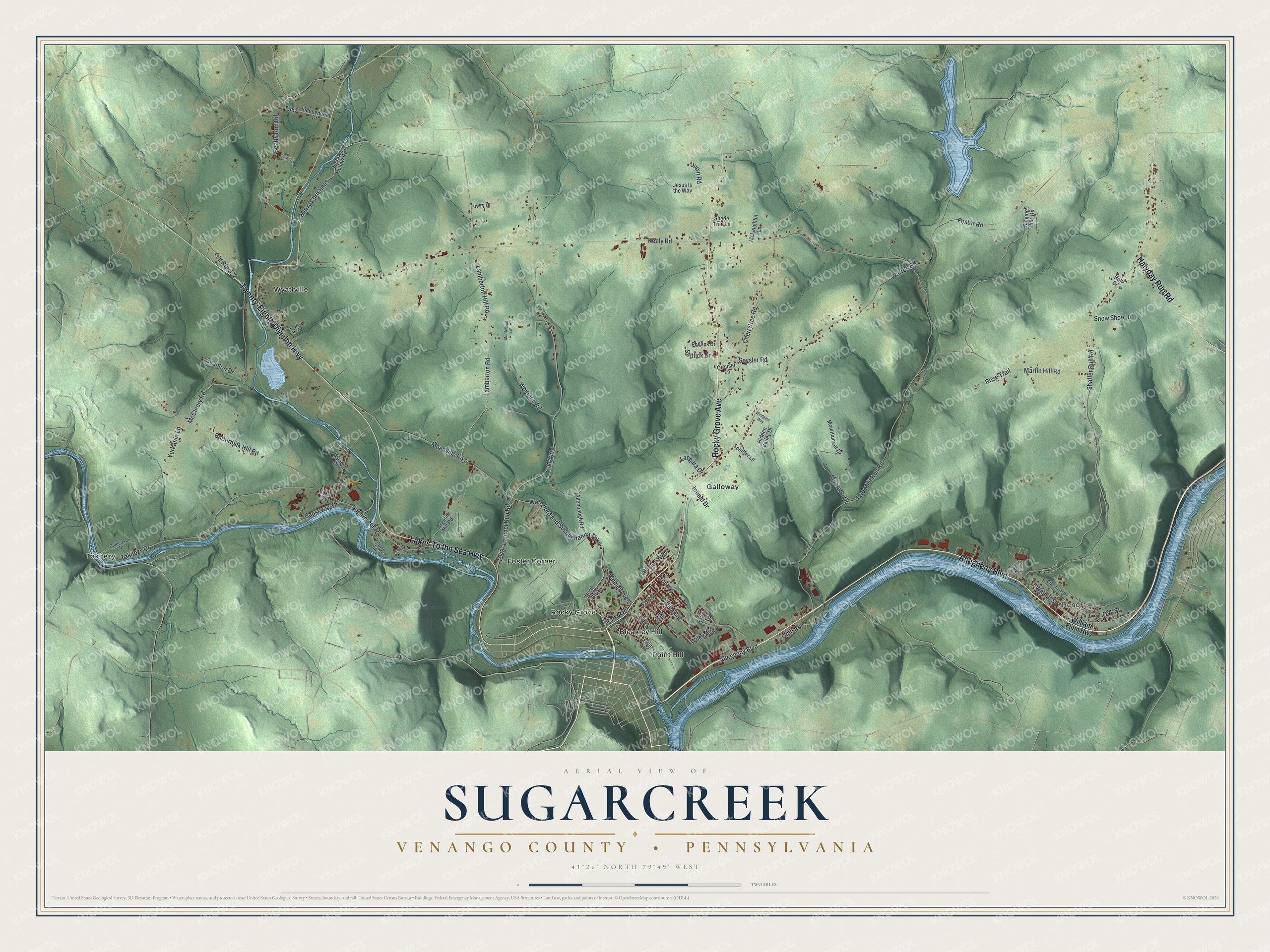 Full map of Sugarcreek, Venango County, Pennsylvania, with red buildings, printed street names and the land around them