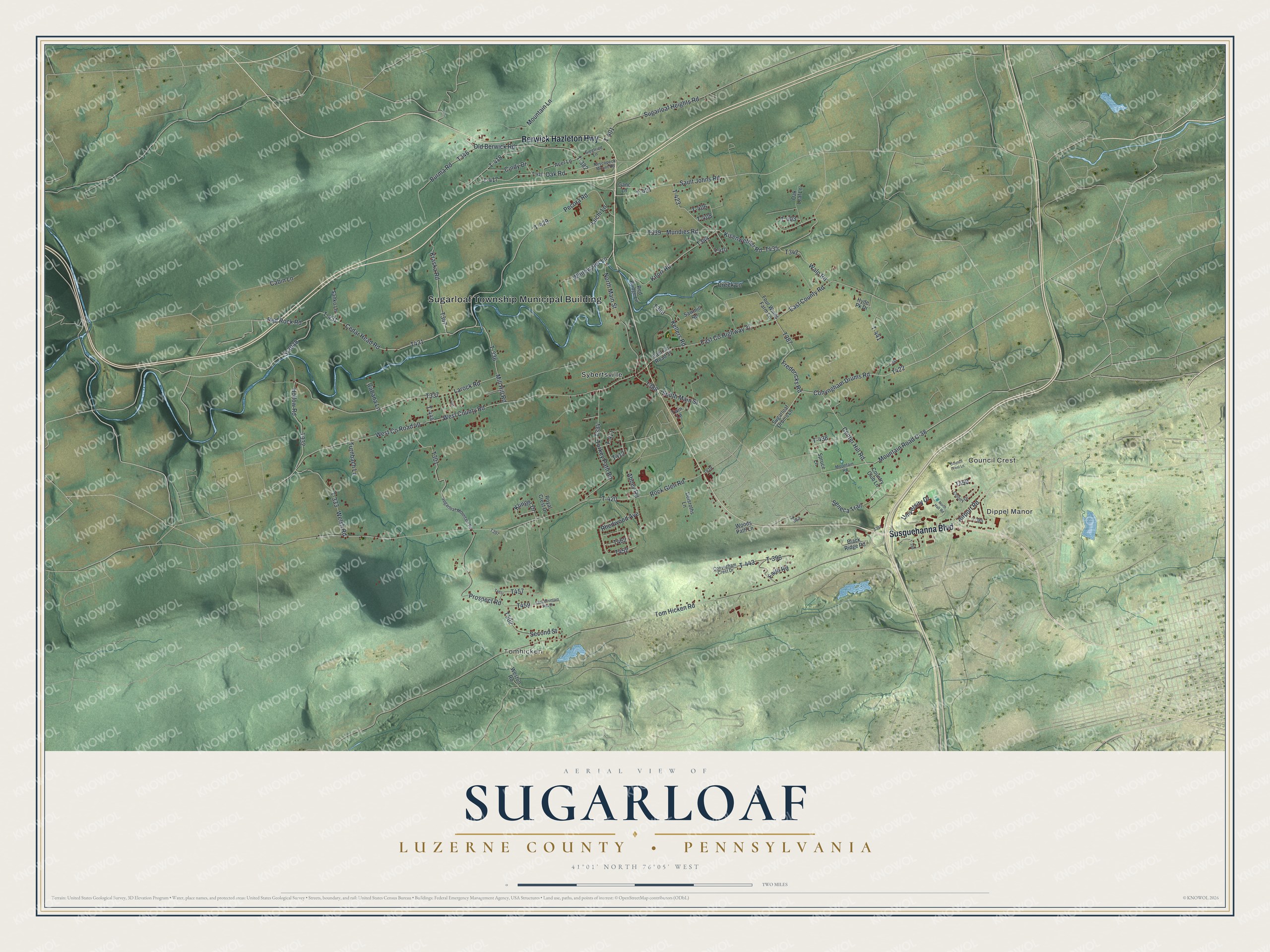 Full map of Sugarloaf, Luzerne County, Pennsylvania, with red buildings, printed street names and the land around them