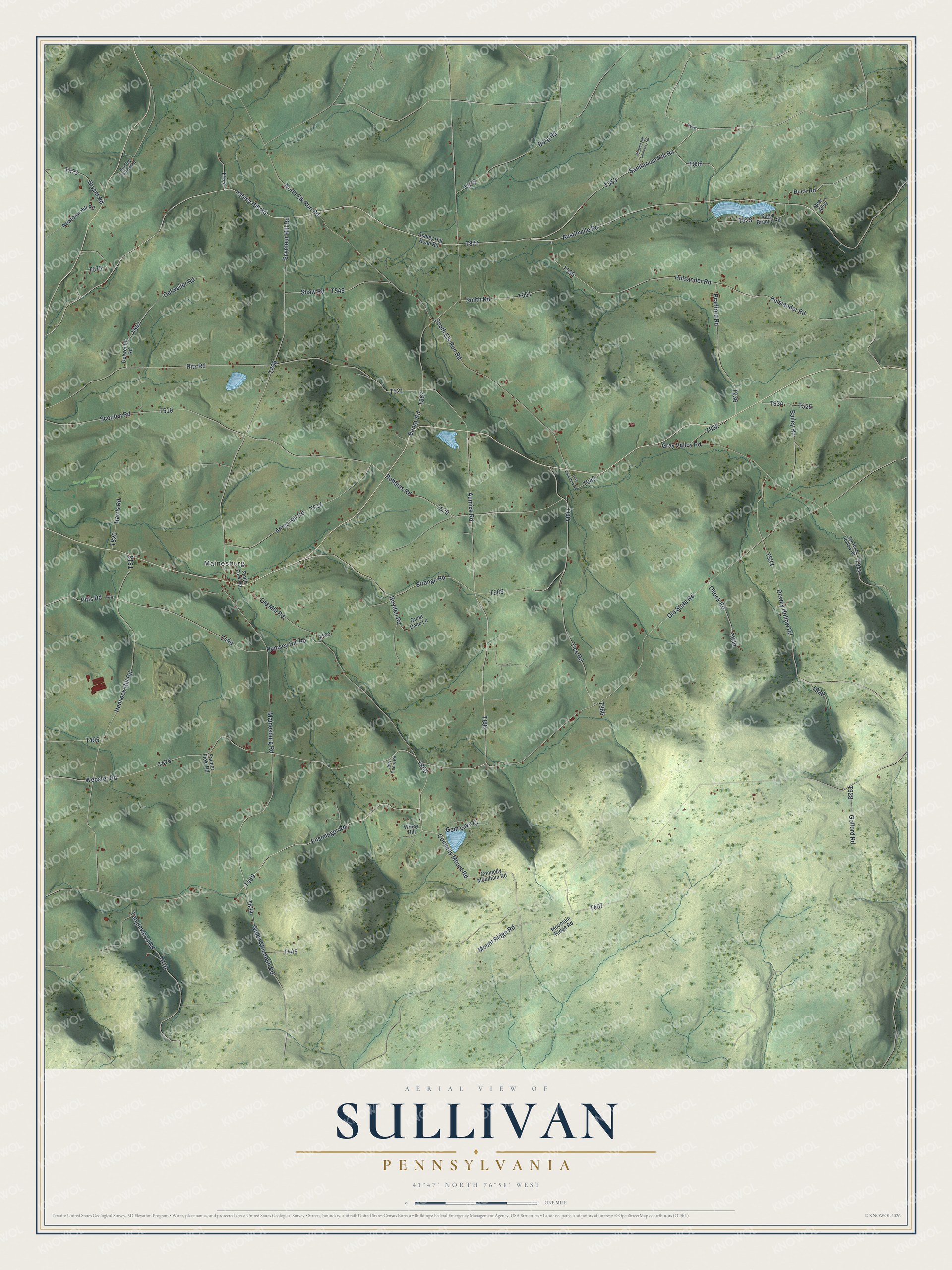 Full map of Sullivan, Pennsylvania, with red buildings, printed street names and the land around them