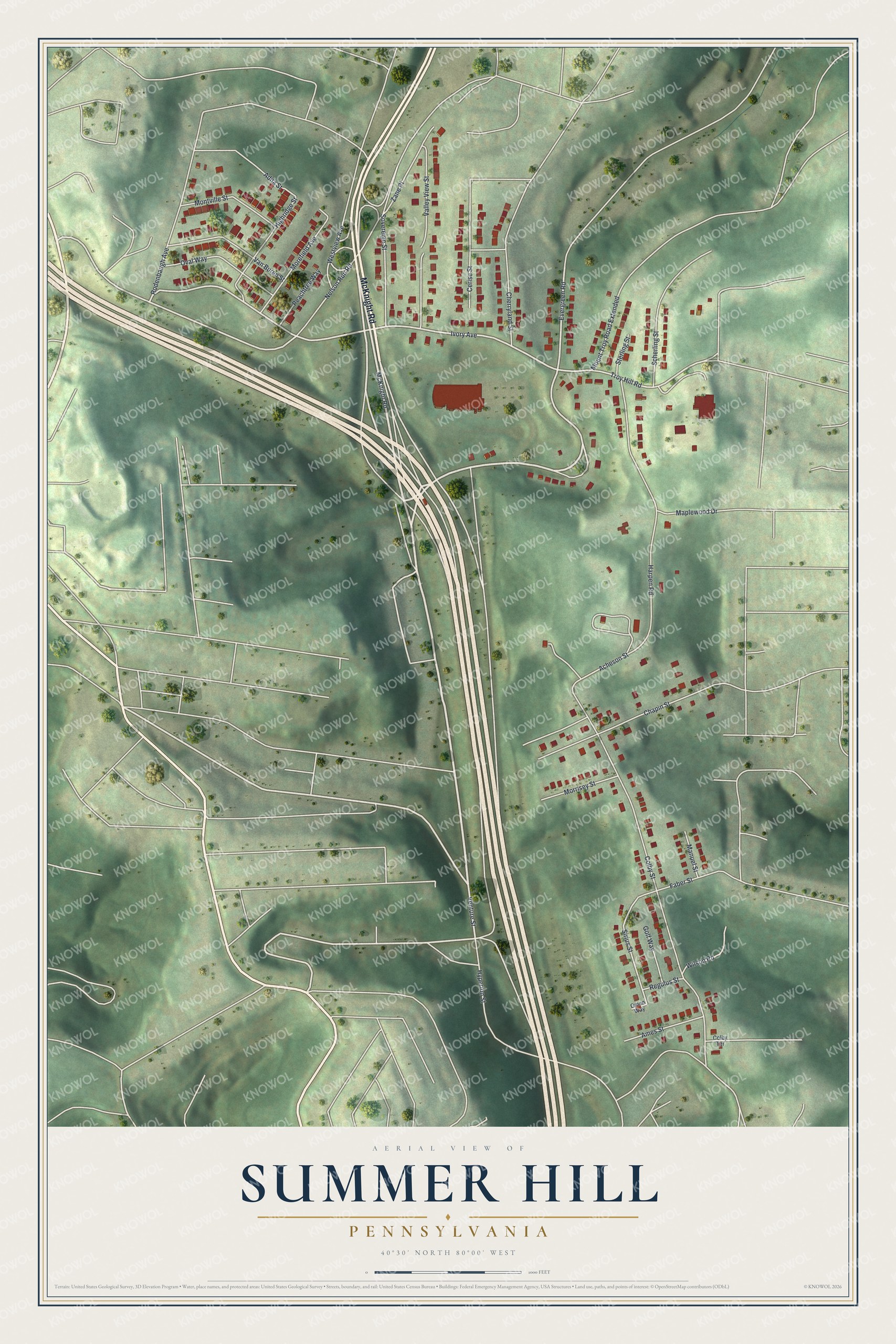 Full Summer Hill map with green shaded hills, red buildings, pale roads and a cream title panel beneath the aerial view