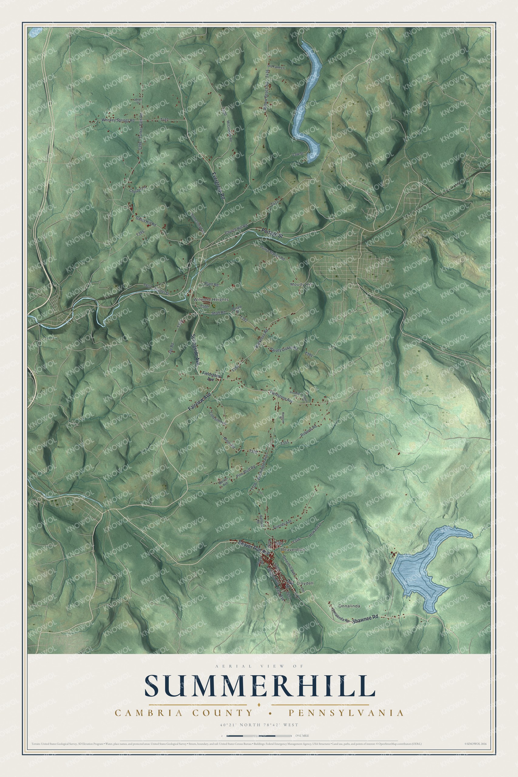Full map of Summerhill Township, Cambria County, Pennsylvania, with red buildings, printed street names and the land around them