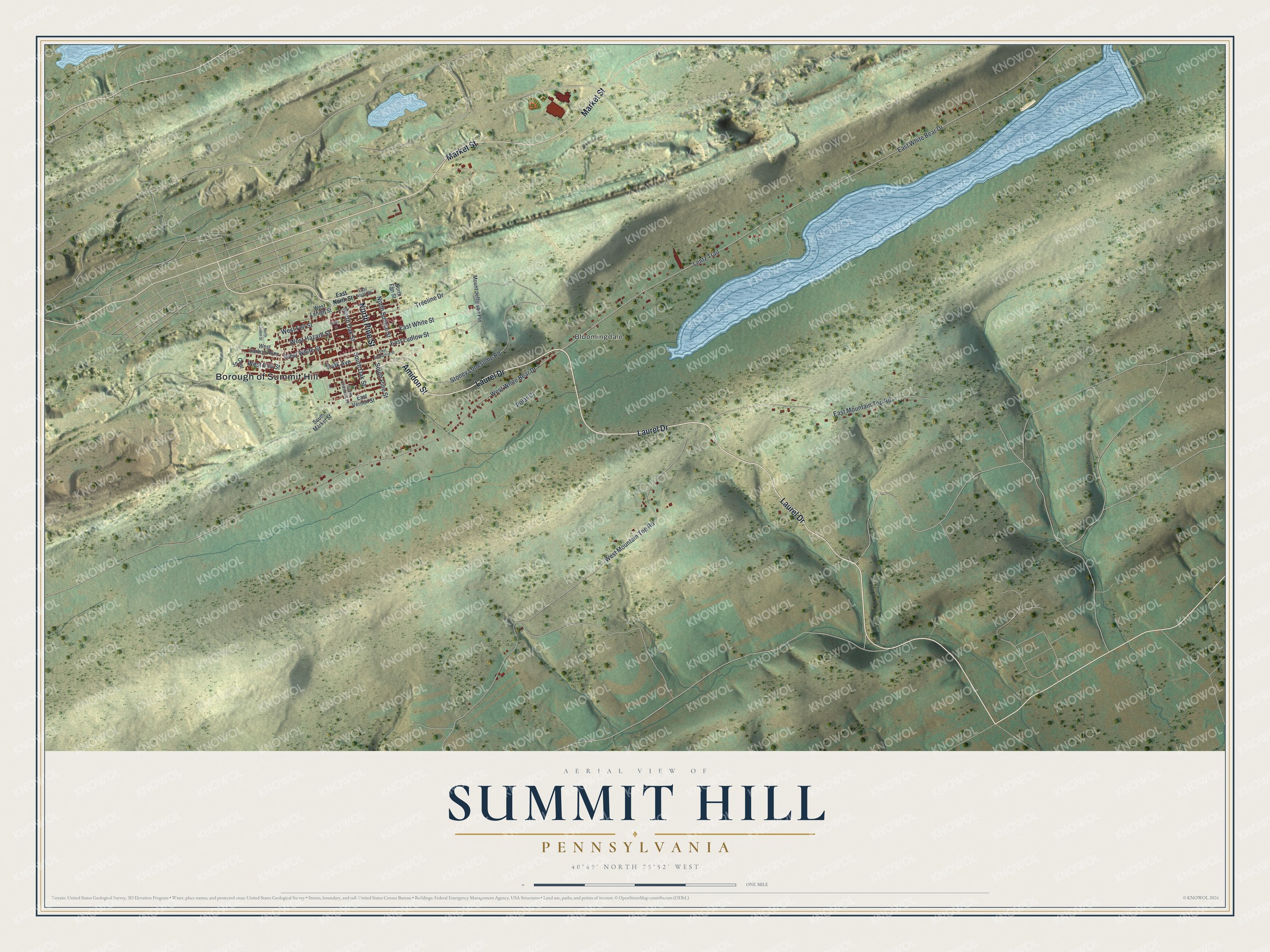 Full map of Summit Hill, Pennsylvania, with red buildings, printed street names and the land around them