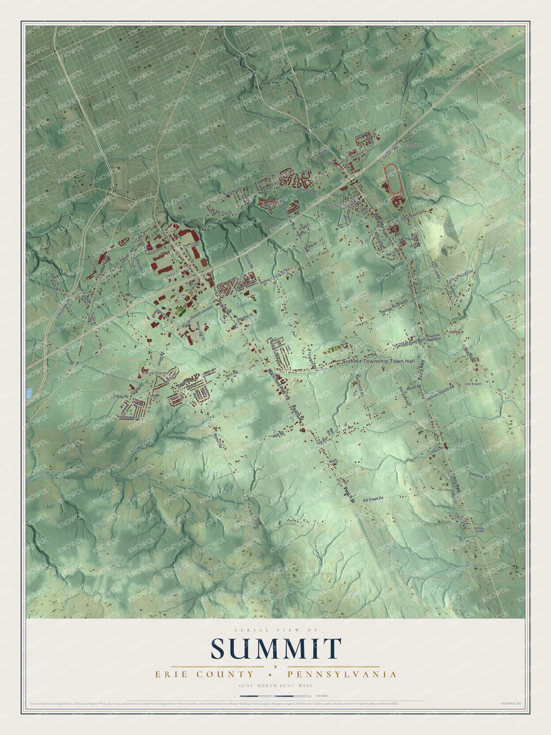Full map of Summit, Erie County, Pennsylvania, with red buildings, printed street names and the land around them
