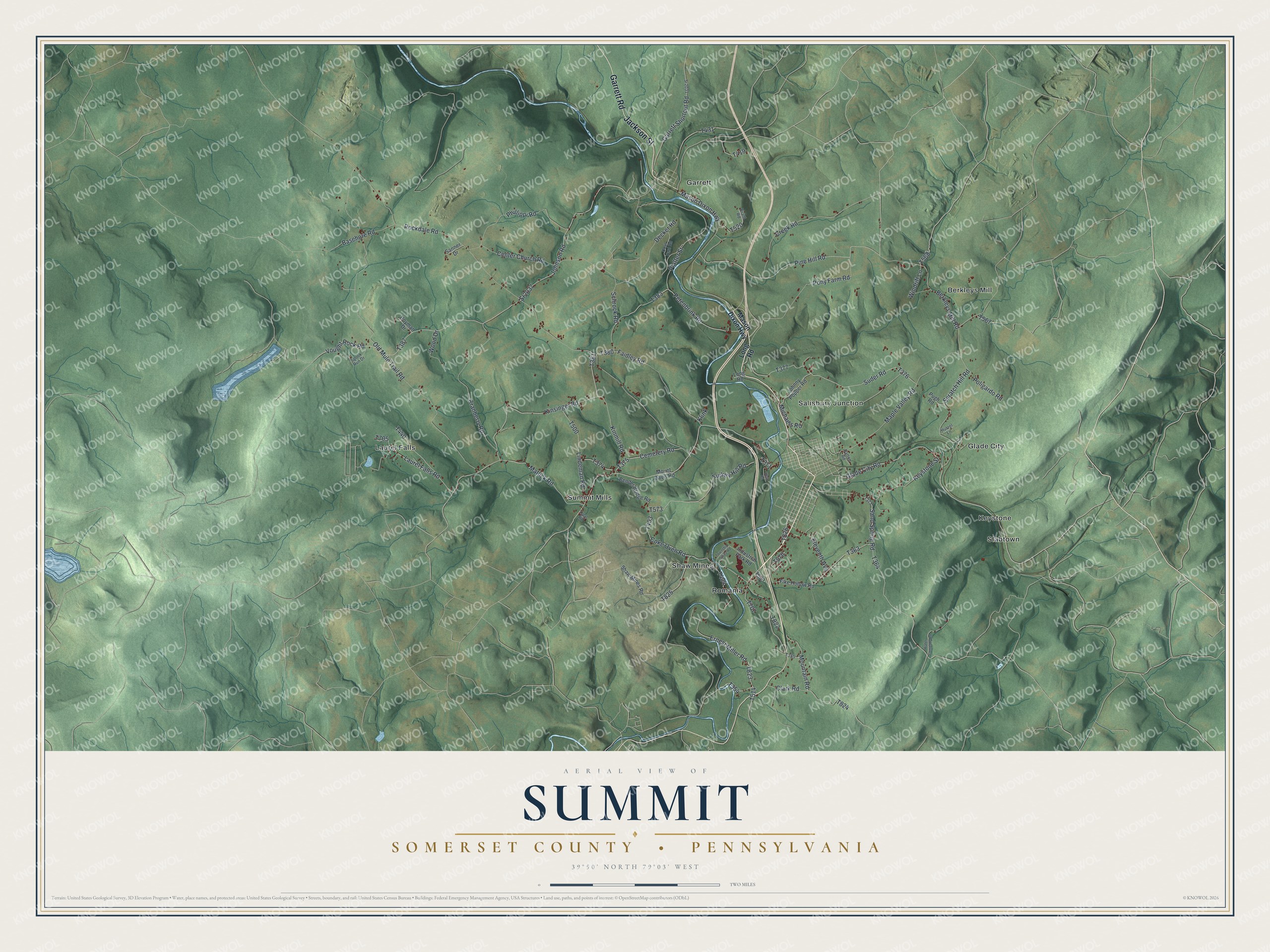 Full map of Summit, Somerset County, Pennsylvania, with red buildings, printed street names and the land around them