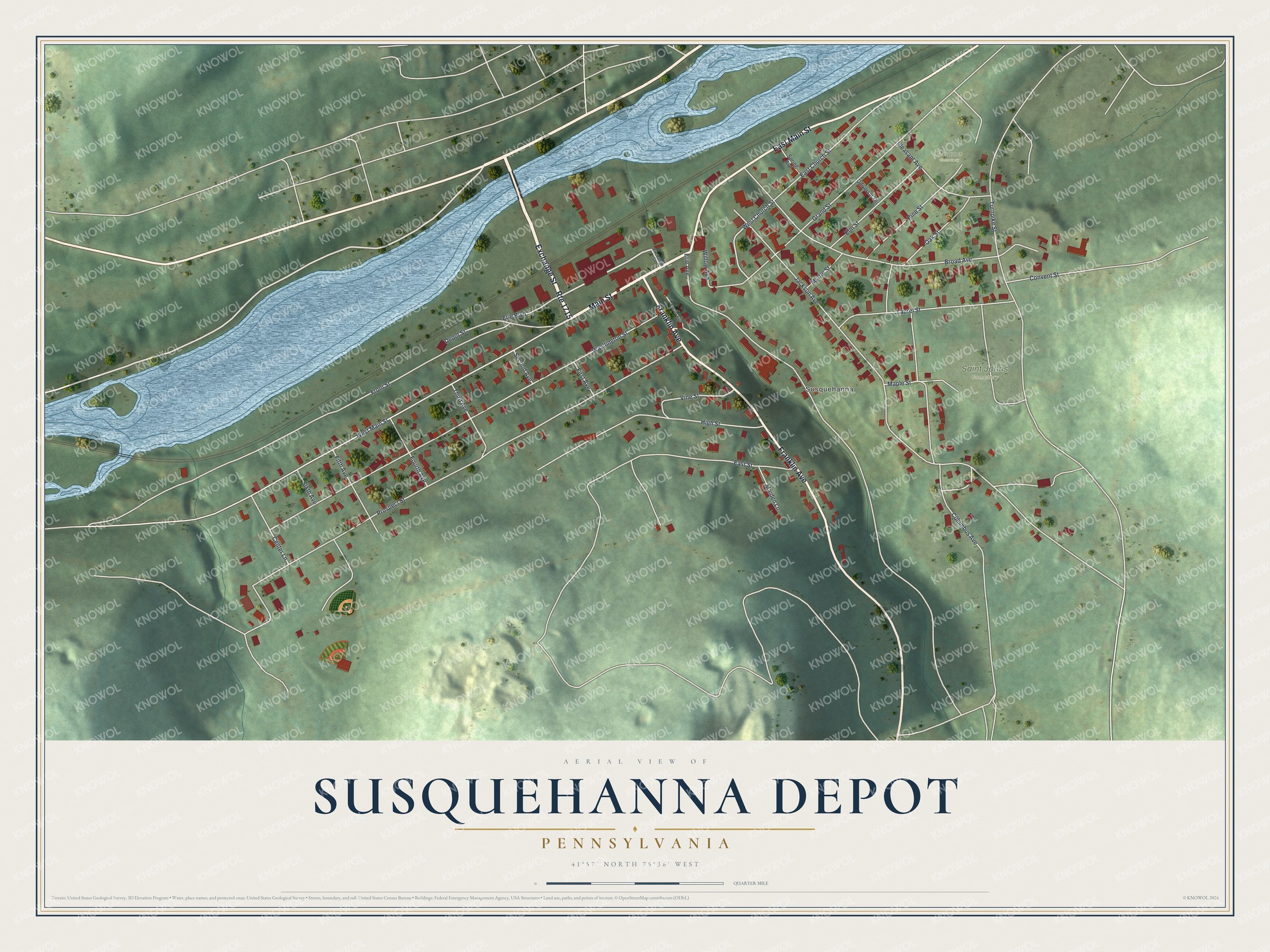 Full map of Susquehanna Depot, Pennsylvania, with red buildings, printed street names and the land around them