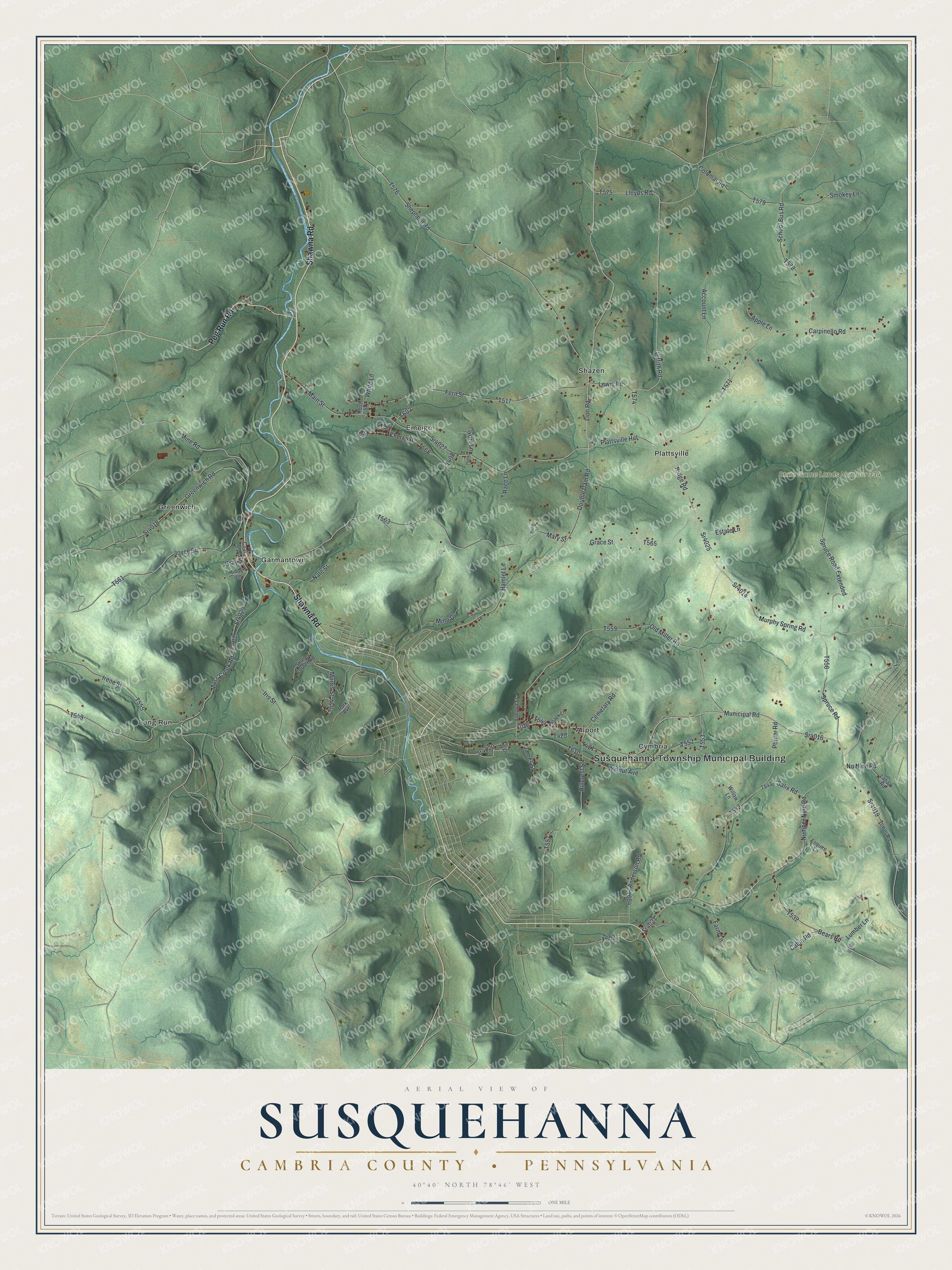 Full map of Susquehanna, Cambria County, Pennsylvania, with red buildings, printed street names and the land around them