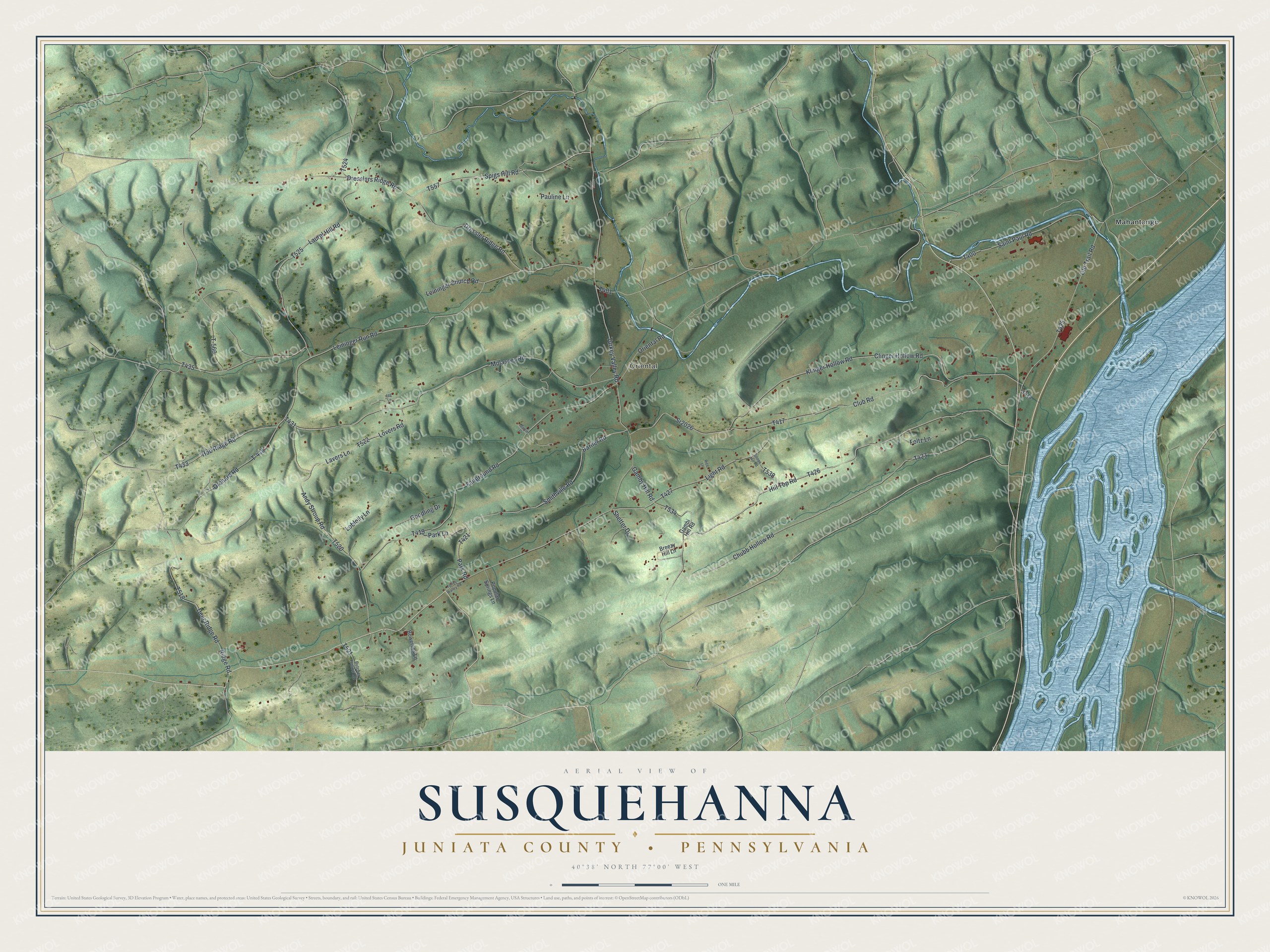 Full map of Susquehanna, Juniata County, Pennsylvania, with red buildings, printed street names and the land around them
