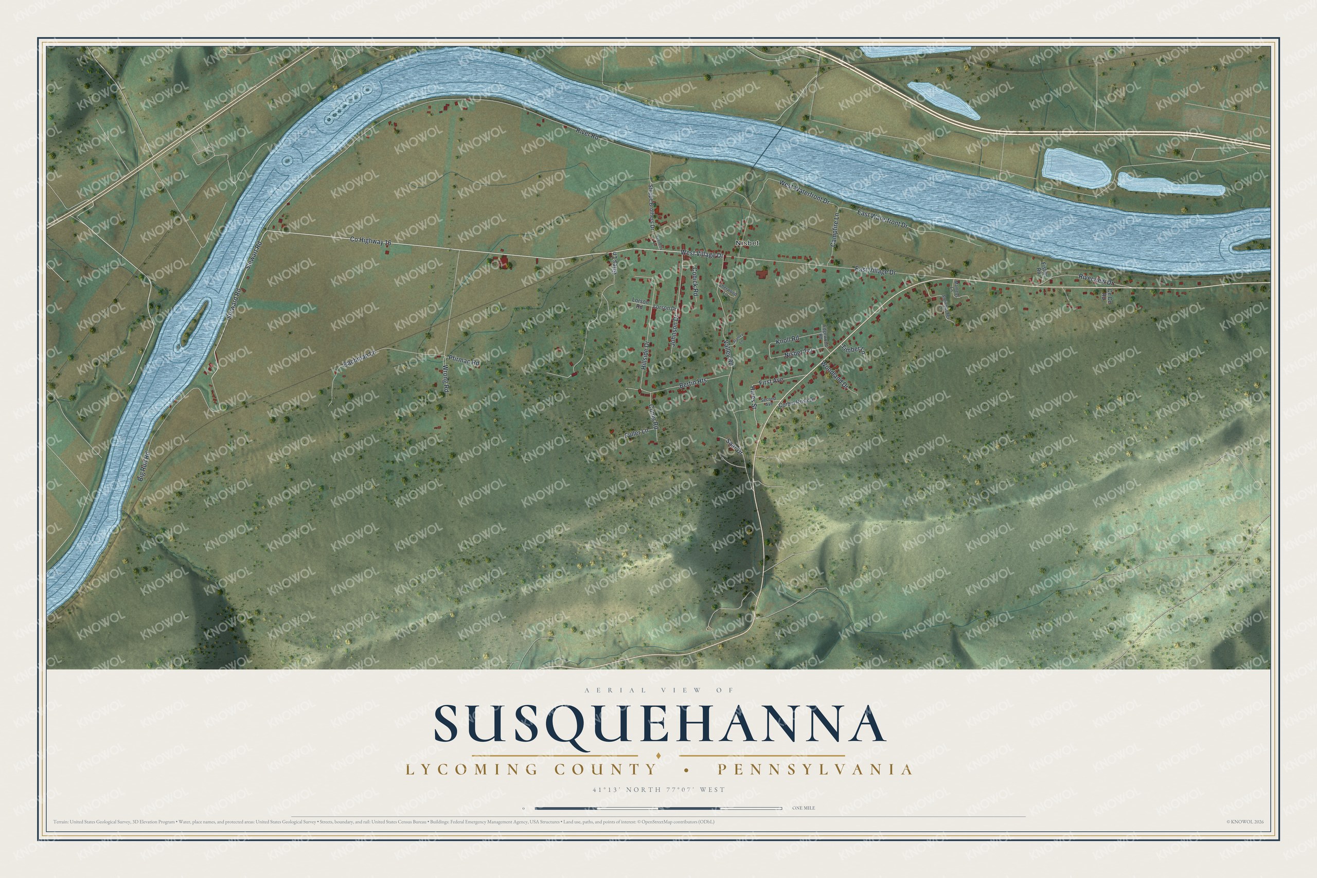 Full map of Susquehanna, Lycoming County, Pennsylvania, with red buildings, printed street names and the land around them
