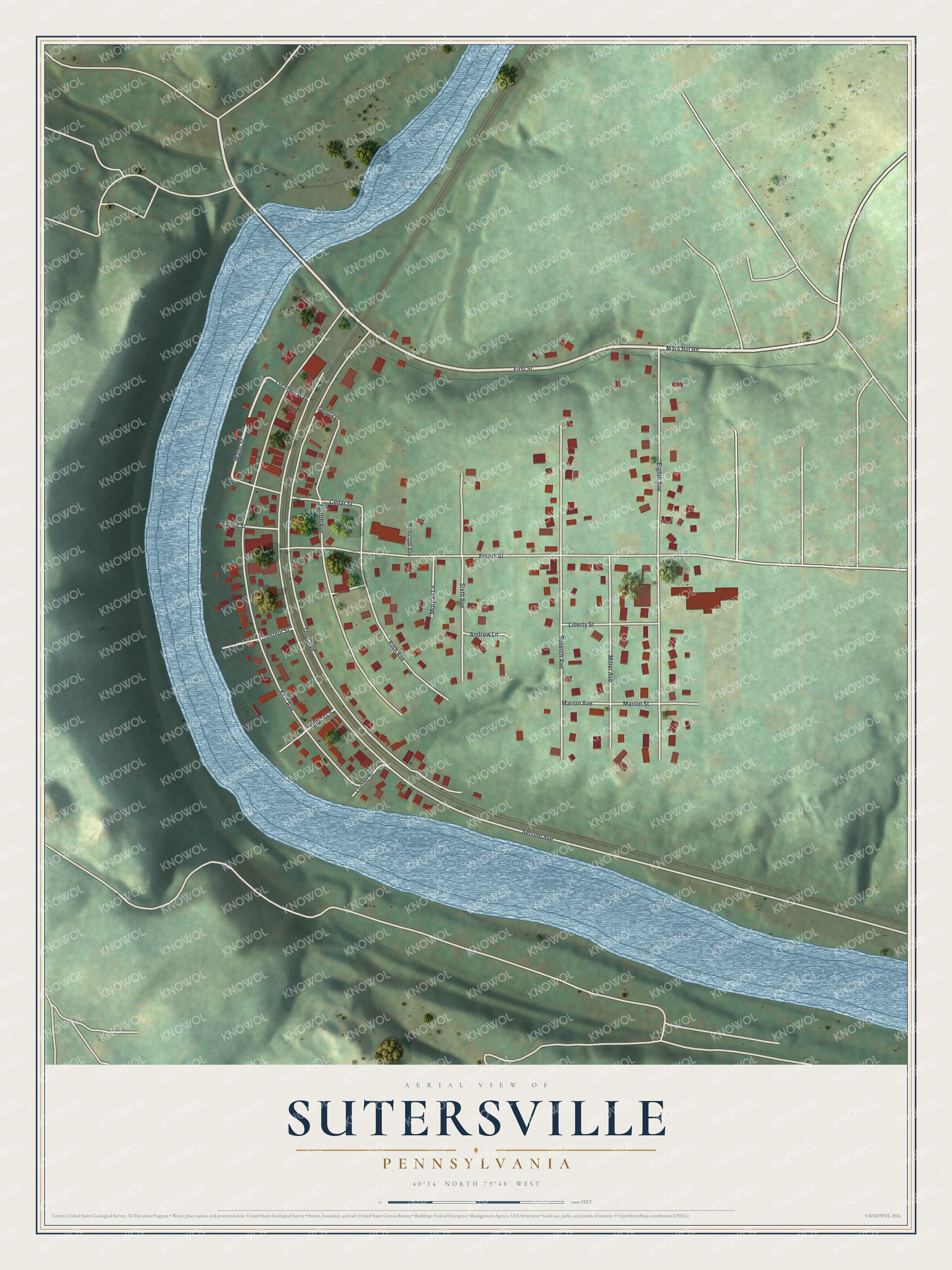 Full map of Sutersville, Pennsylvania, with red buildings, printed street names and the land around them