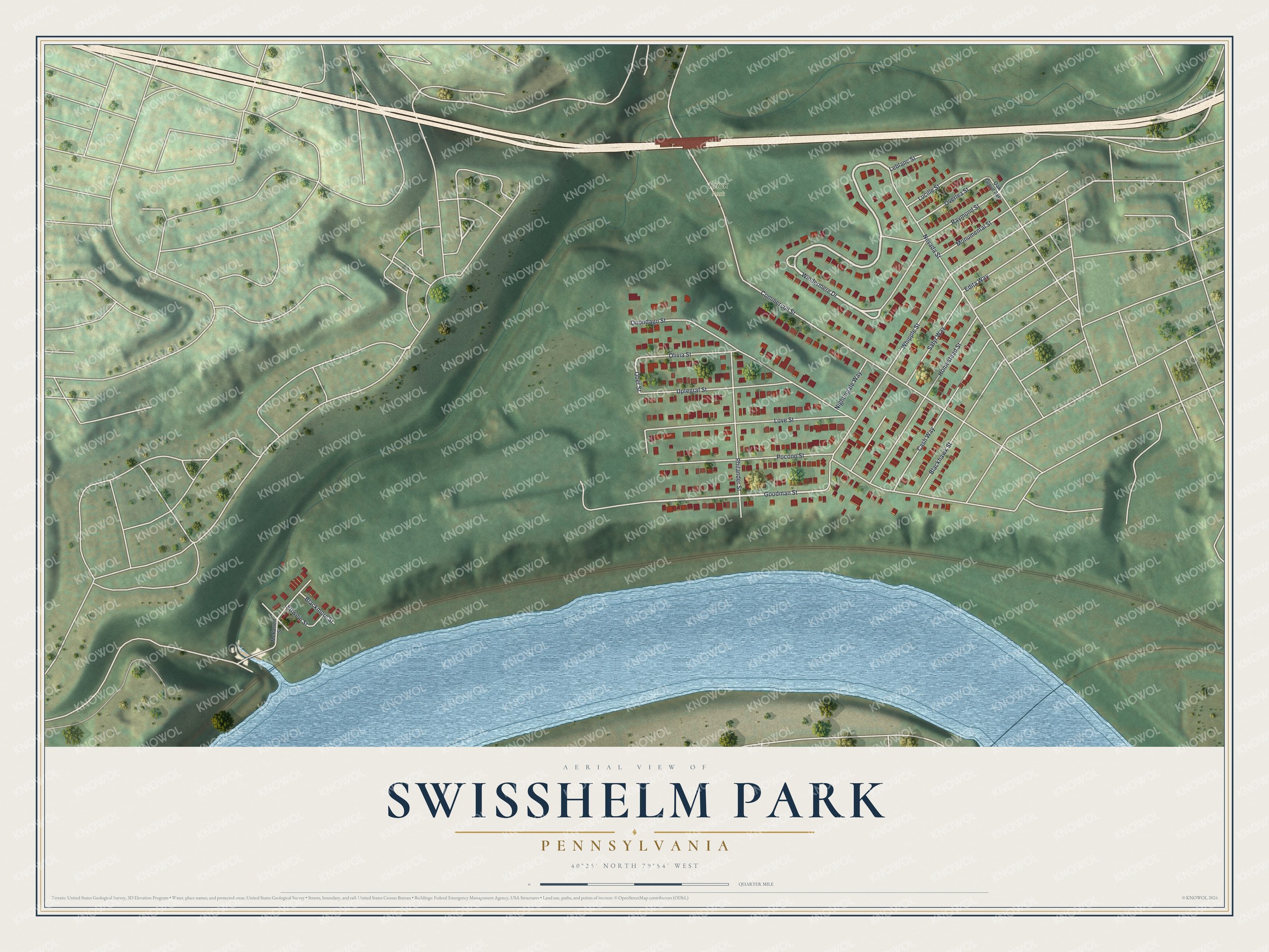 Full map of Swisshelm Park, Pennsylvania, with red buildings, printed street names and the land around them