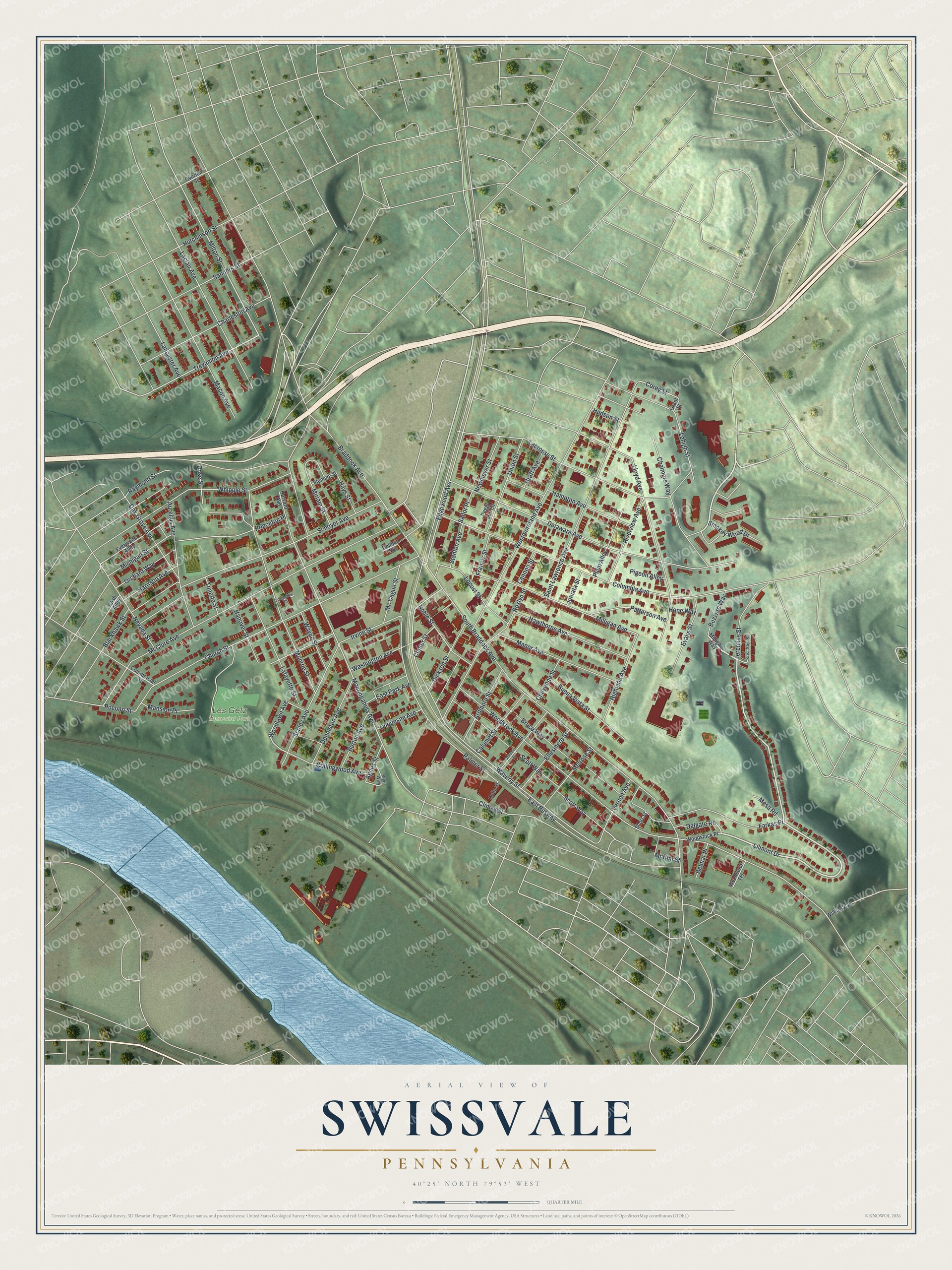 Full map of Swissvale, Pennsylvania, with red buildings, printed street names and the land around them