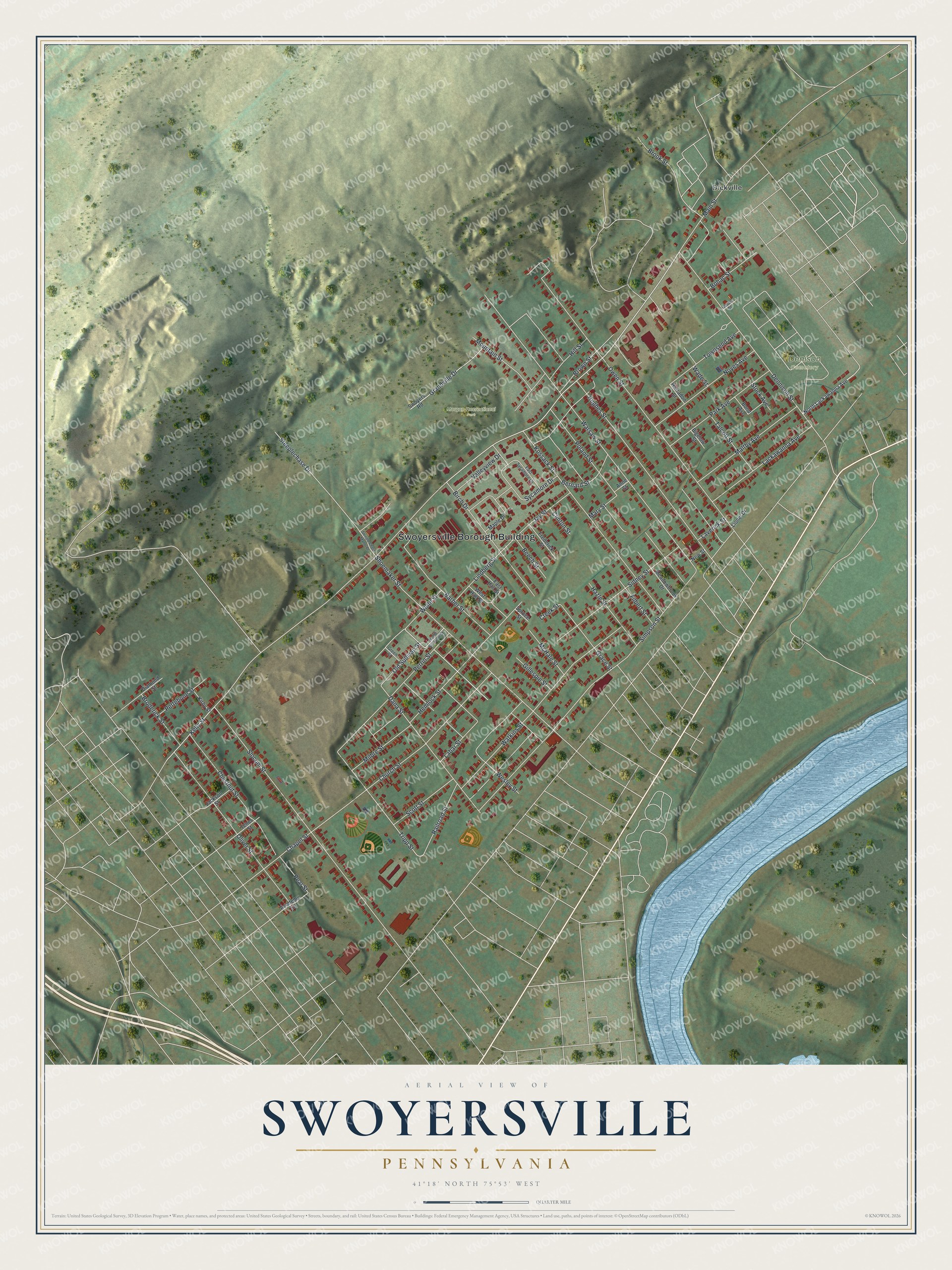 Full Swoyersville map with red buildings, pale streets, green hills, a blue river and a cream title panel