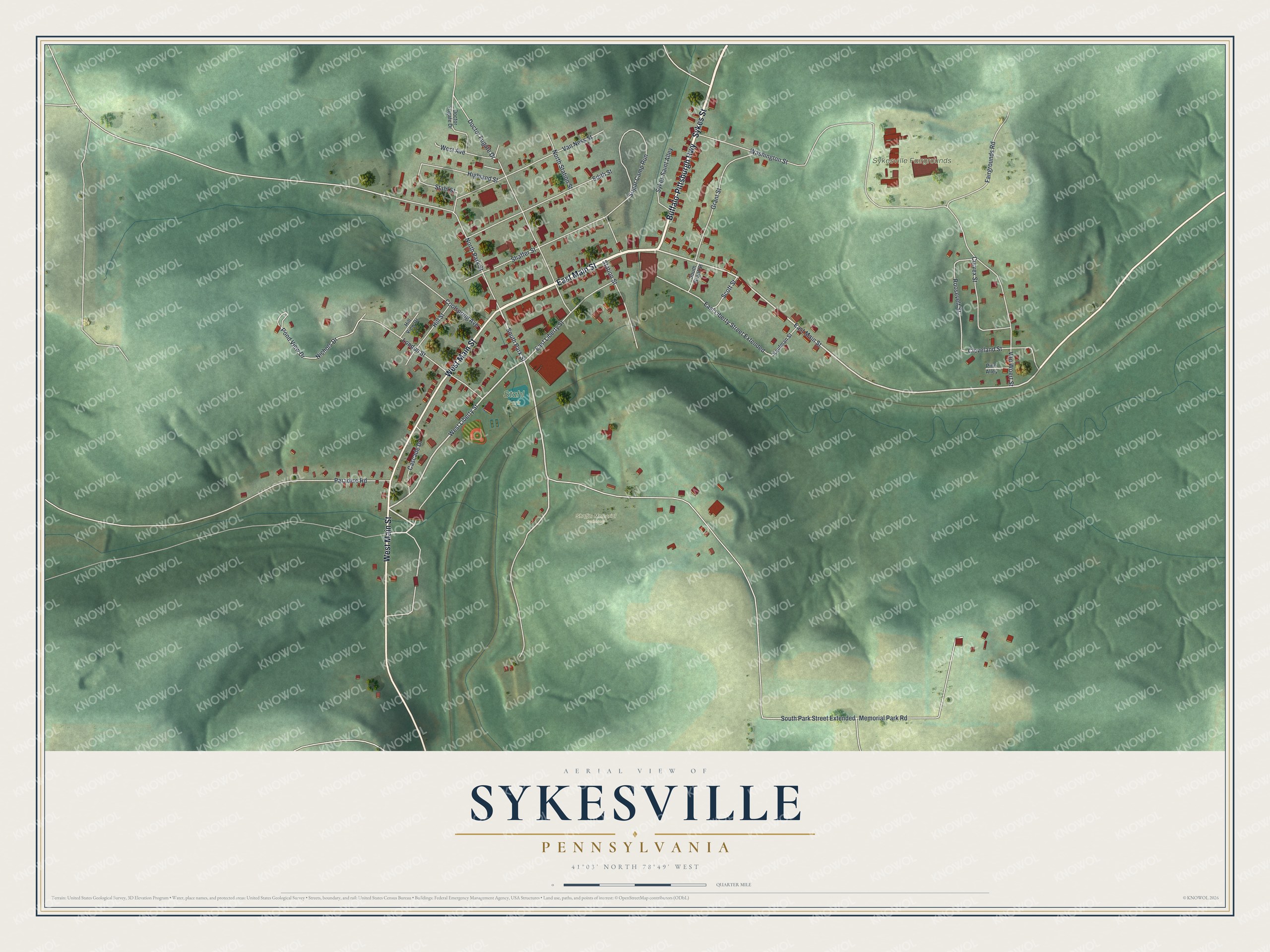 Full map of Sykesville, Pennsylvania, with red buildings, printed street names and the land around them