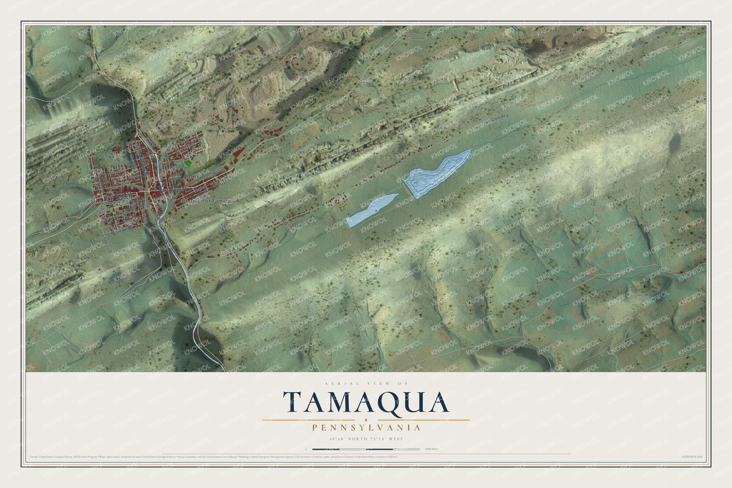 Full map of Tamaqua, Pennsylvania, with red buildings, printed street names and the land around them